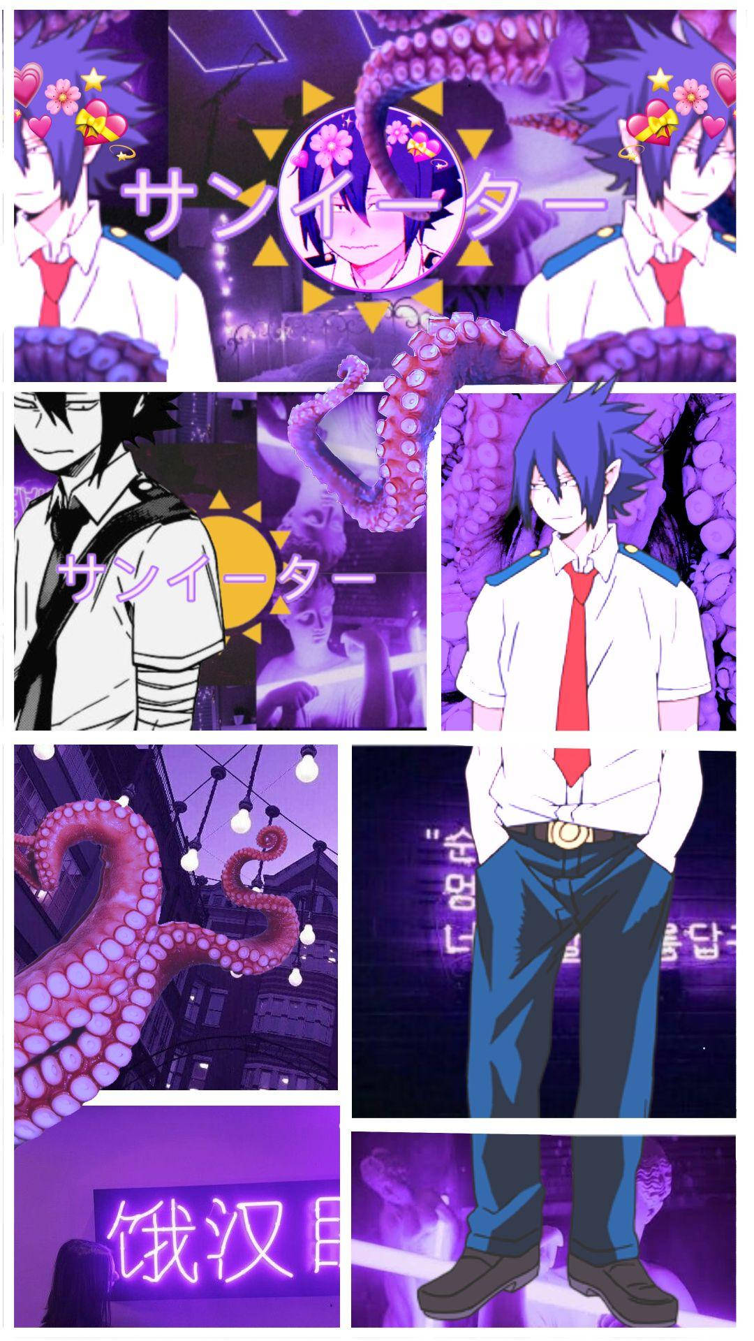Tamaki Amajiki 桌布 壁紙 — 藍髮紅領帶的動漫角色，被紫色章魚觸手和發光的霓虹燈牌包圍的超現實拼貼畫。