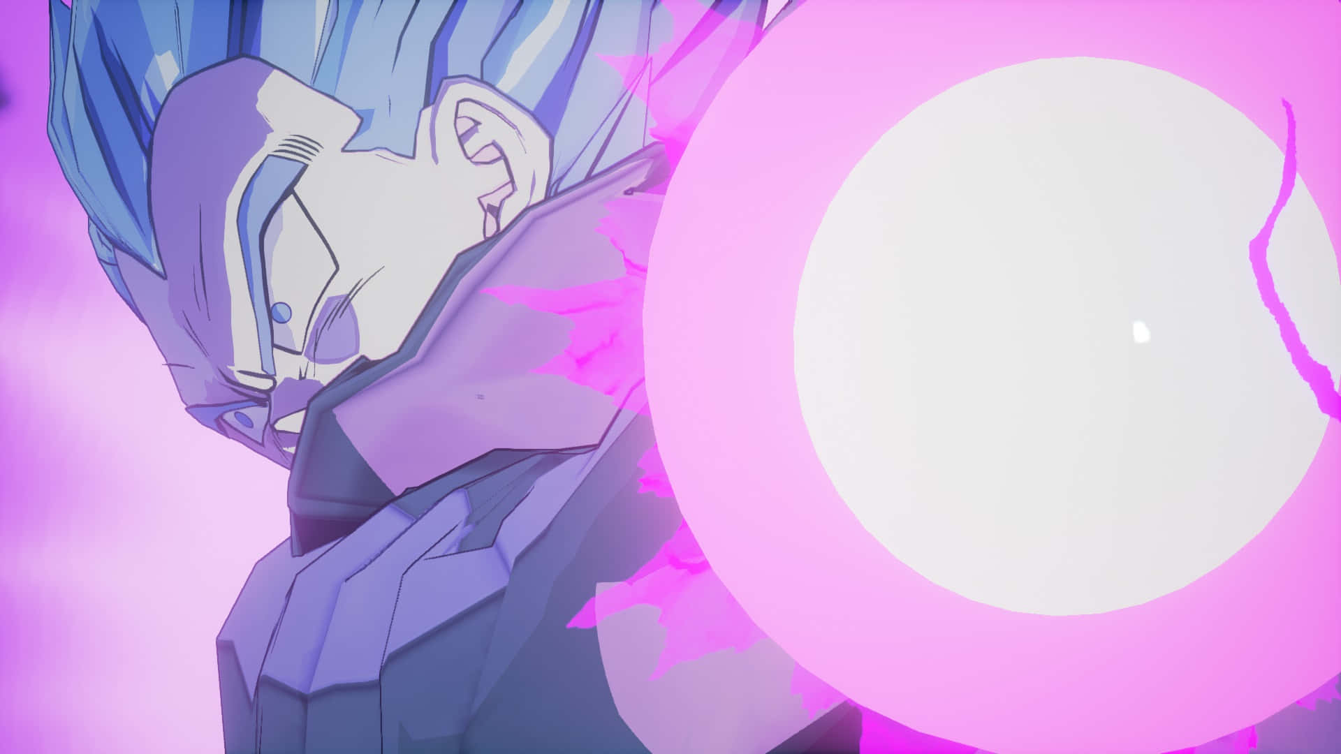 Vegeta's Galick Gun 桌布 壁紙 — 藍髮紫甲的動漫角色在充滿活力的數位戰鬥場景中釋放出發光的粉紅色能量球。