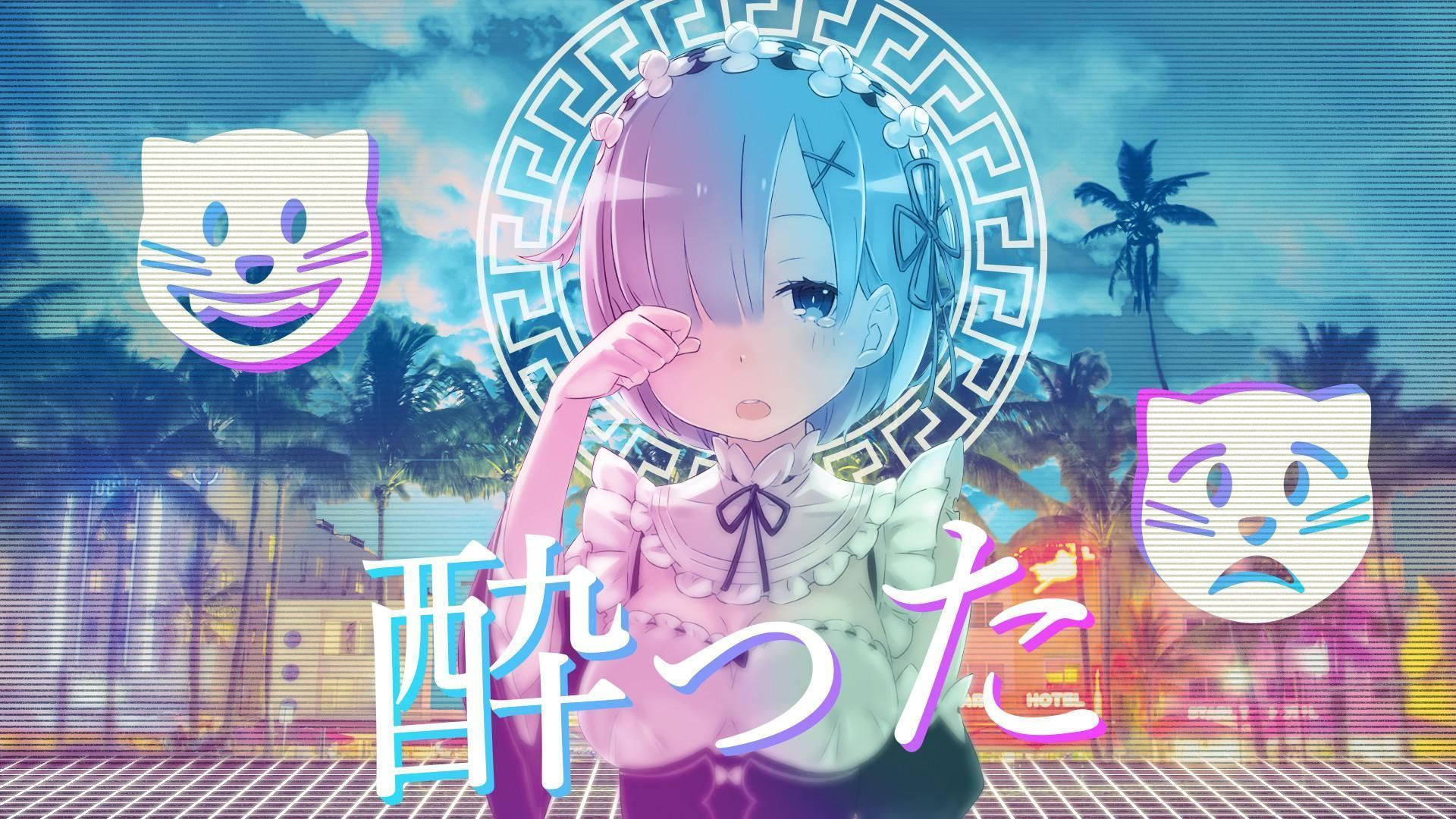 動漫女孩 桌布 壁紙 — 藍髮花冠動漫少女站在熱帶日落中，帶有故障貓臉和日文文字疊加。