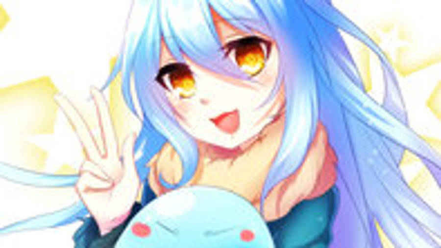 slime 桌布 壁紙 — 藍髮藍眼動漫女孩，手持可愛藍色生物，愉快地揮手。