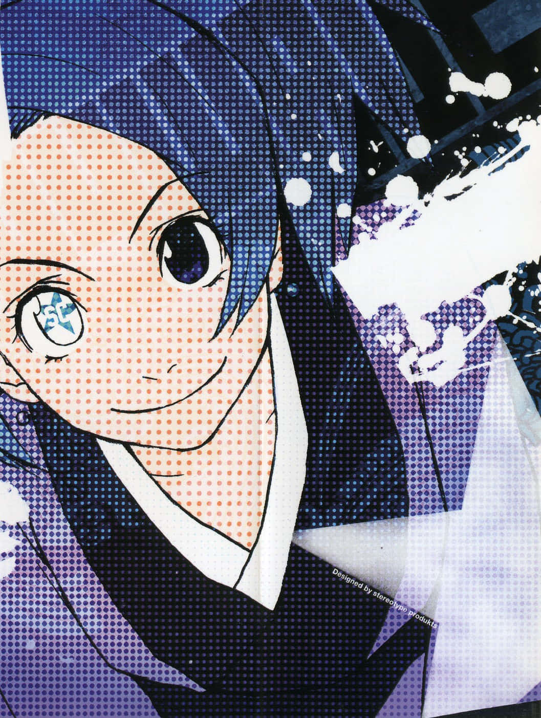 Samurai Champloo 桌布 壁紙 — 藍髮藍眼的動漫角色在帶有白色油漆飛濺的半色調背景前微笑。