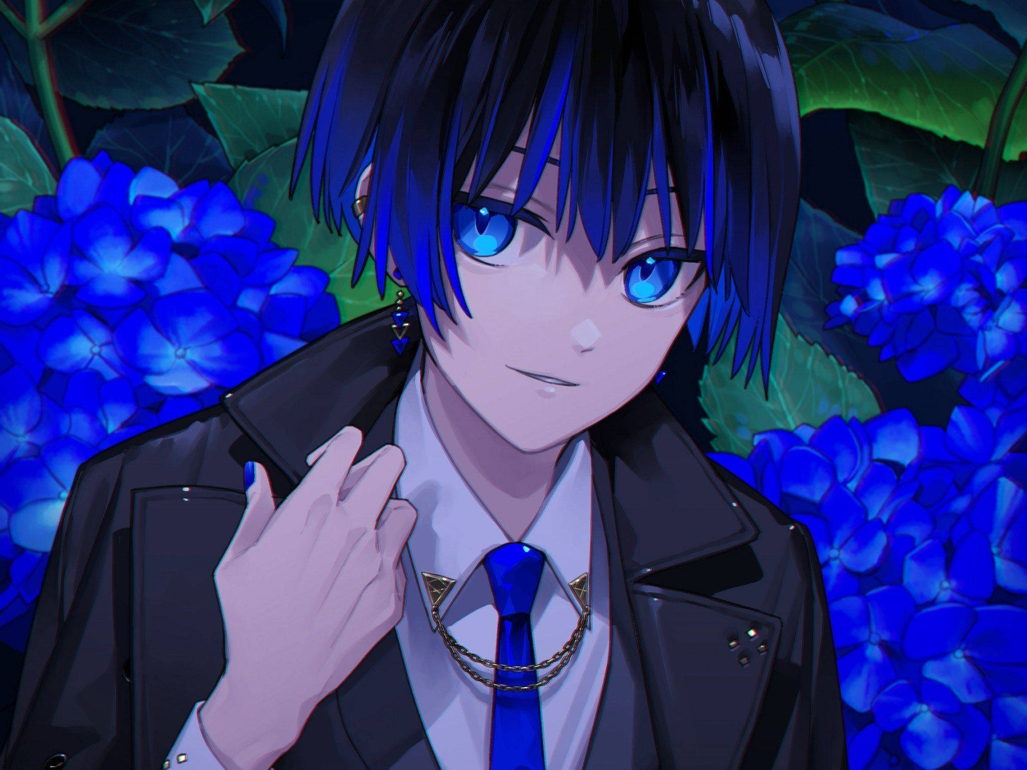 Anime Blue Boy 桌布 壁紙 — 藍髮藍眼的動畫男孩站在鮮豔的藍色繡球花中，身穿黑色外套和藍色領帶。