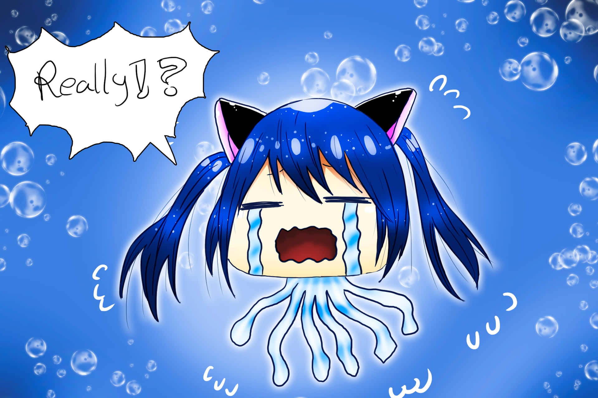 Wendy Marvell 桌布 壁紙 — 藍髮貓耳動漫女孩在水底哭泣，氣泡在她周圍漂浮，對話框問「真的嗎？」