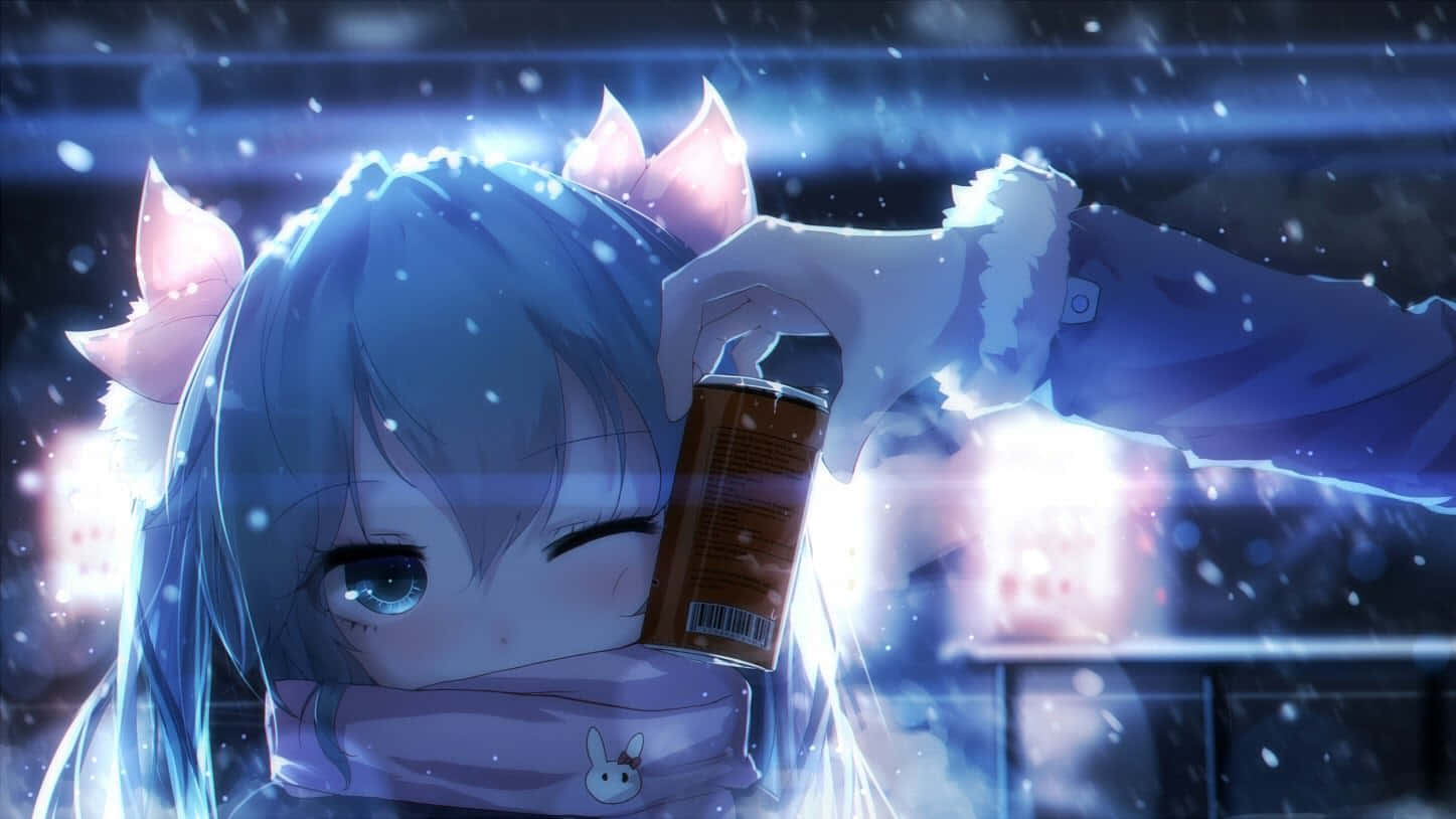 可愛動漫 桌布 壁紙 — 藍髮貓耳動漫女孩在閃爍的夜景中，雪花飄落時拿著一個罐子。