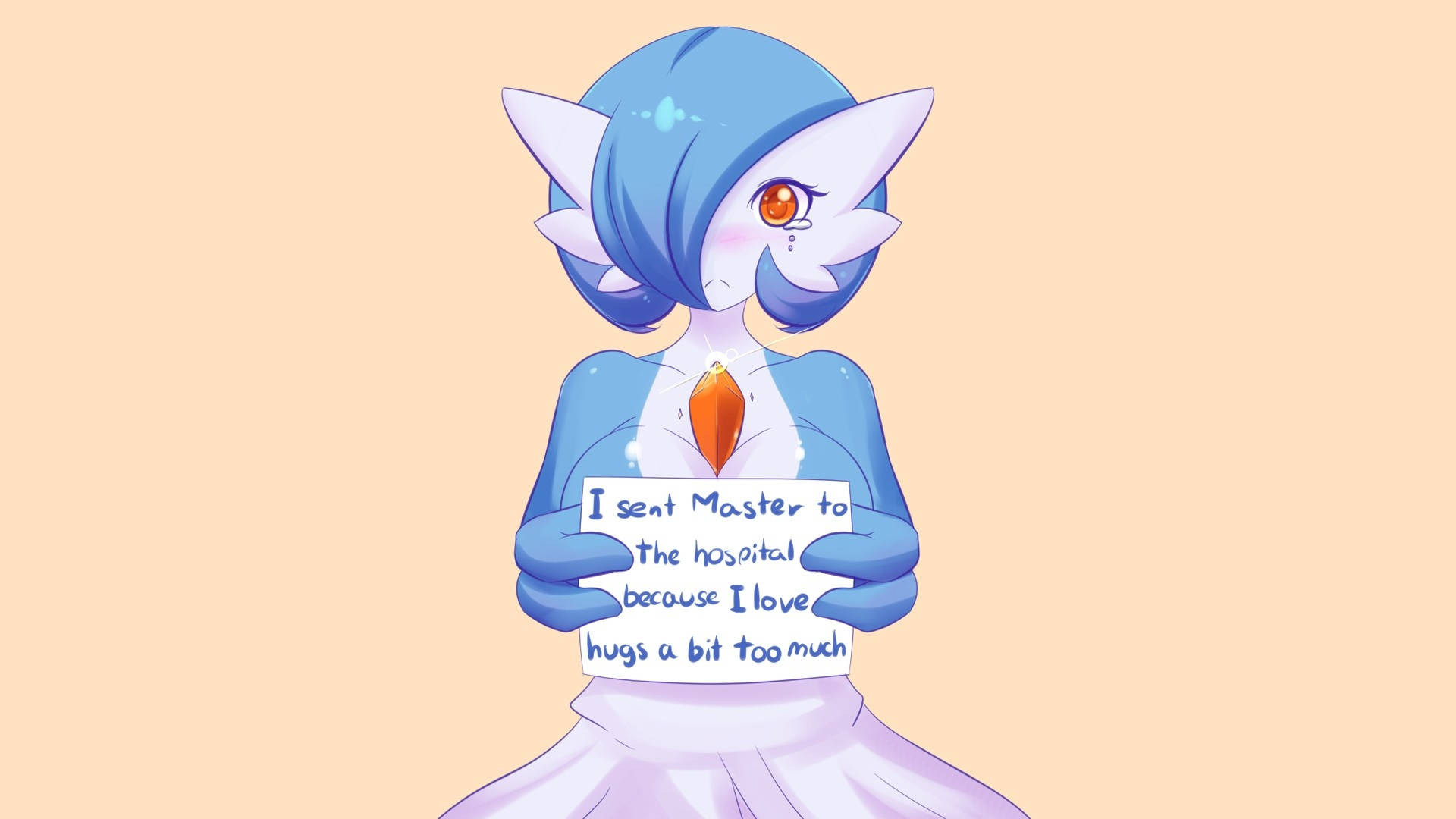Gardevoir 桌布 壁紙 — 藍髮貓耳動漫女孩舉著一個牌子，承認她因為主人擁抱太多而把他送進了醫院。