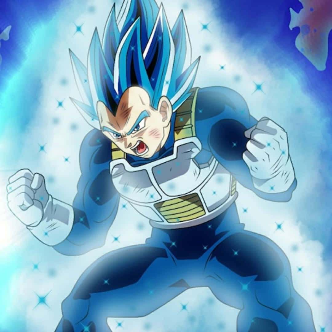 1080x1080 Vegeta Blue 桌布 壁紙 — 藍髮賽亞人戰士在宇宙星空背景下握緊拳頭咆哮。
