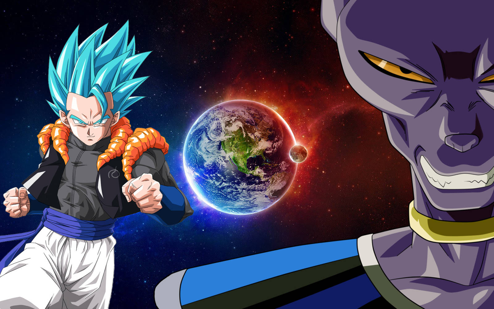 Beerus 桌布 壁紙 — 藍髮超級賽亞人悟空在宇宙背景下與紫色皮膚的惡棍對峙，地球清晰可見。