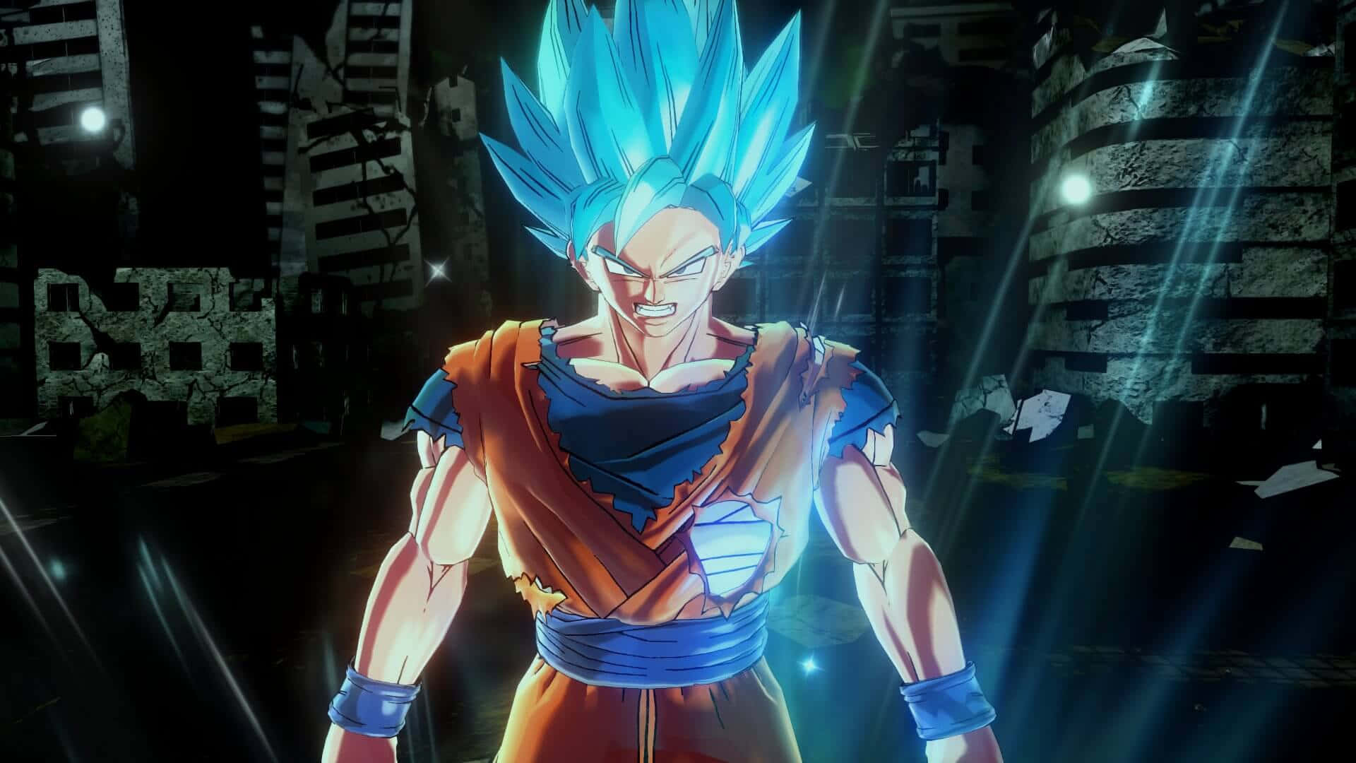 Dragon Ball Xenoverse 2 桌布 壁紙 — 藍髮超級賽亞人悟空在黑暗廢墟城市景觀中強力站立，發光的光束穿透其中。