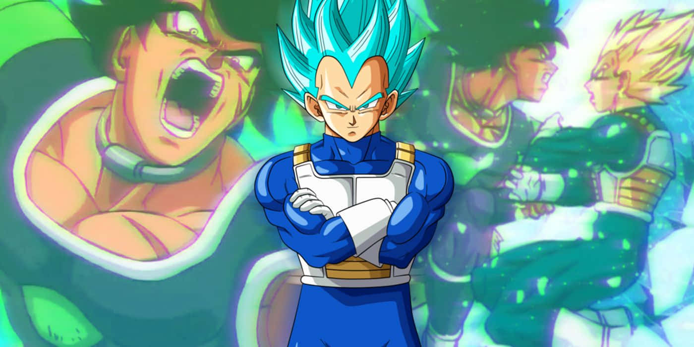 Vegeta And Broly 桌布 壁紙 — 藍髮超級賽亞人神達爾雙臂交叉站立，背景是其他賽亞人的模糊戰鬥場景。