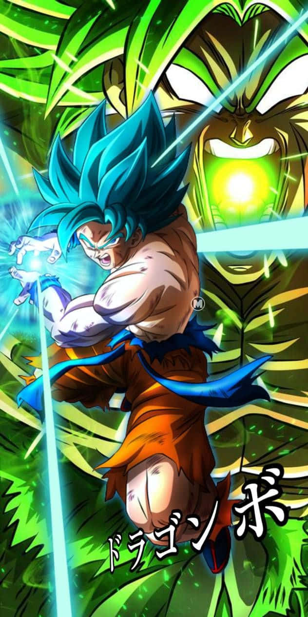 Dragon Ball Z Broly 桌布 壁紙 — 藍髮超級賽亞人藍悟空釋放發光能量爆炸，而綠髮超級賽亞人神貝吉達在他身後蓄力。