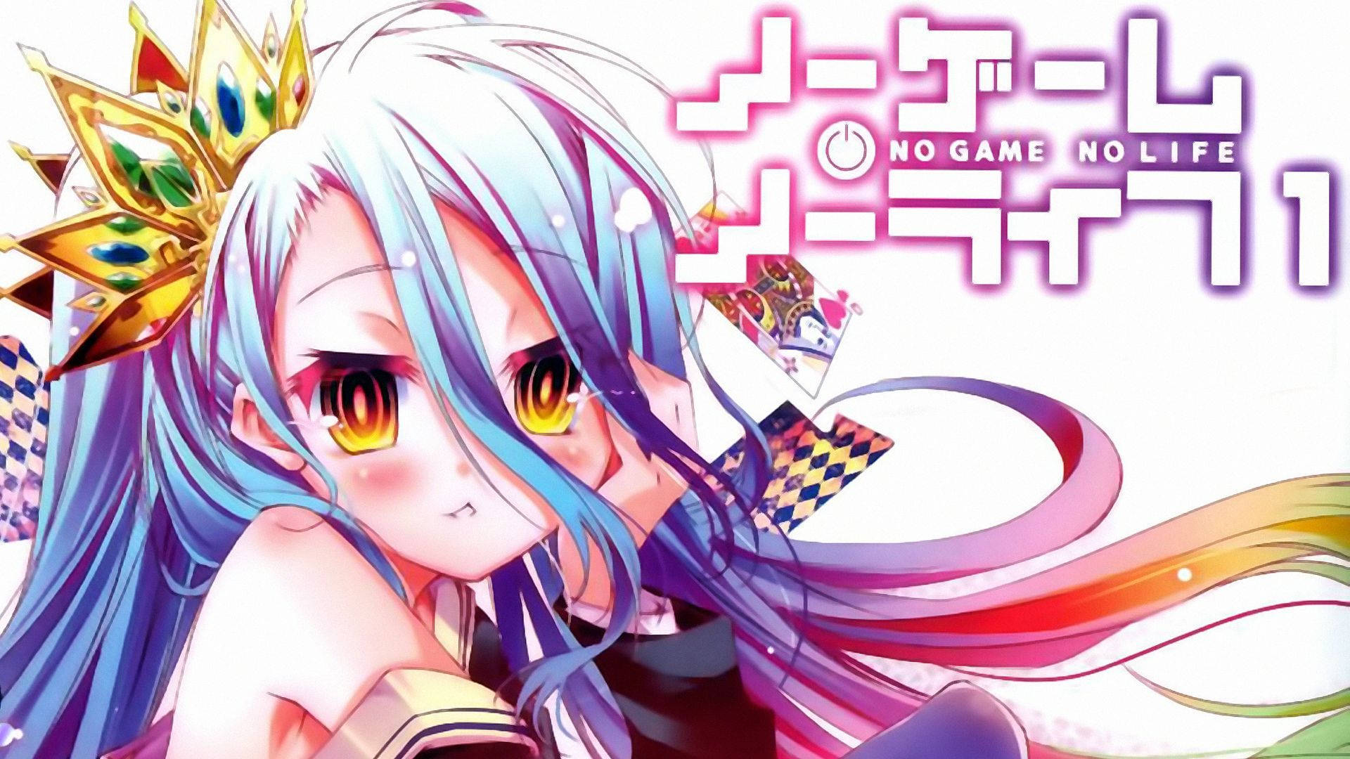 game 桌布 壁紙 — 藍髮金冠的動漫女孩手持撲克牌，背景是鮮豔的彩虹漩渦和日文字。