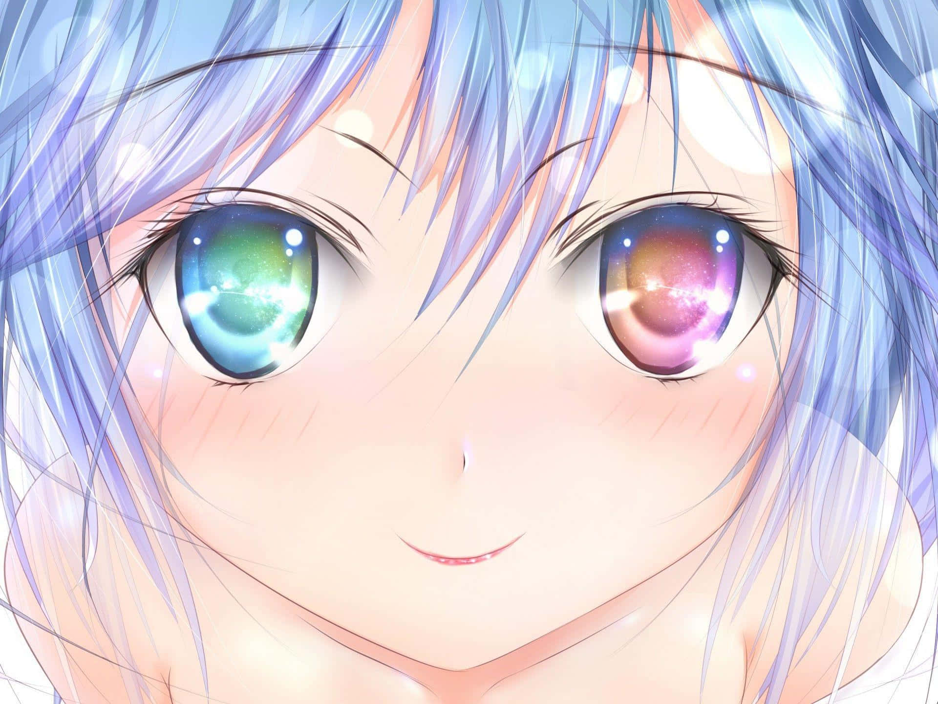 桌布 壁紙 — 藍髮銀河眼動漫少女的近距離特寫，溫柔微笑。