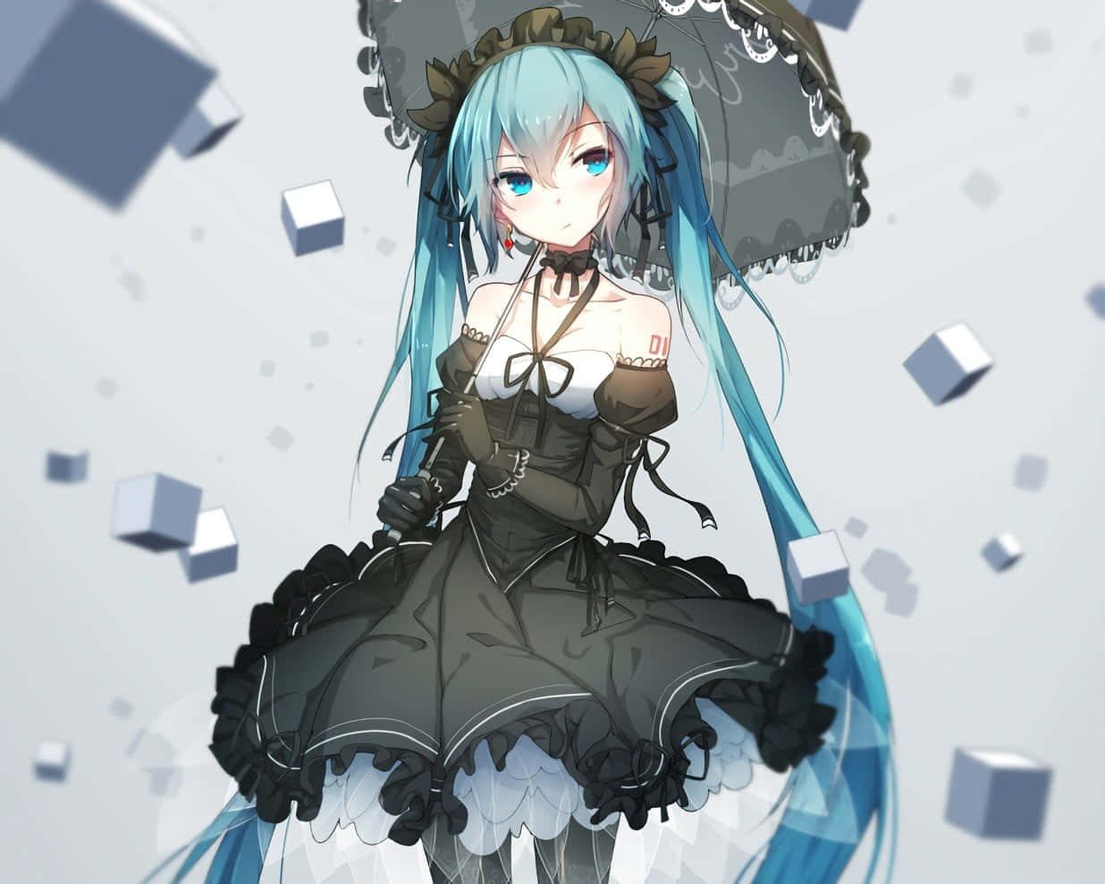 Gothic Fashion 桌布 壁紙 — 藍髮黑裙的動漫女孩撐著傘，漂浮的立方體在她周圍飄移。