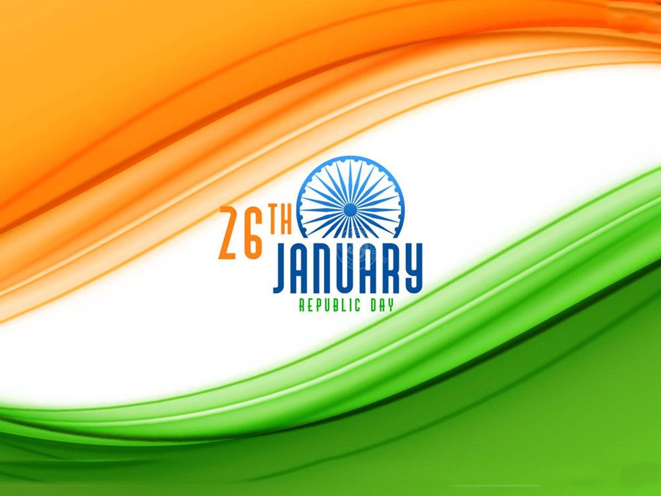 Republic Day 桌布 壁紙 — 藏紅花、白色和綠色的動態波浪條紋形成流動的印度國旗背景，帶有「26th January Republic Day」文字和阿育王法輪標誌。