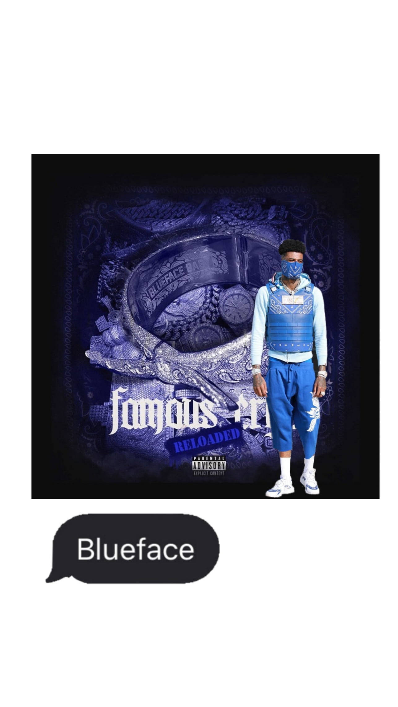 Celebrity 桌布 壁紙 — 藝術家 Blueface 站在深藍色華麗環境中，穿著相配的藍色服裝和面罩，上面有「Famous Reloaded」文字和家長指引標籤。