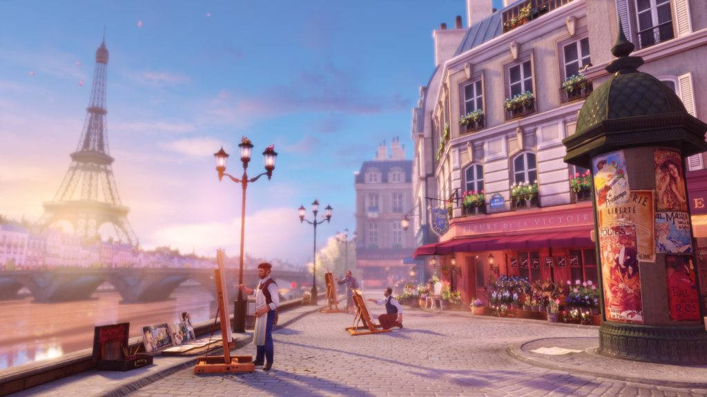bioshock 4K 桌布 壁紙 — 藝術家們在巴黎河岸邊日落時分作畫，遠處的艾菲爾鐵塔閃閃發光。