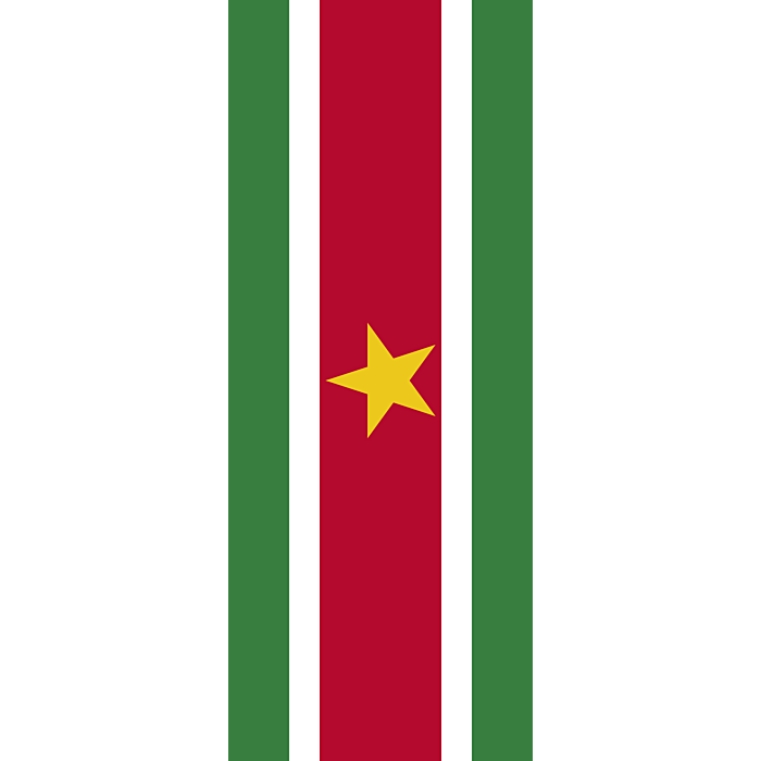 Suriname 桌布 壁紙 — 蘇利南國旗由垂直的綠色、白色、紅色、白色、綠色條紋組成，紅色條紋中央有一顆黃色星星。