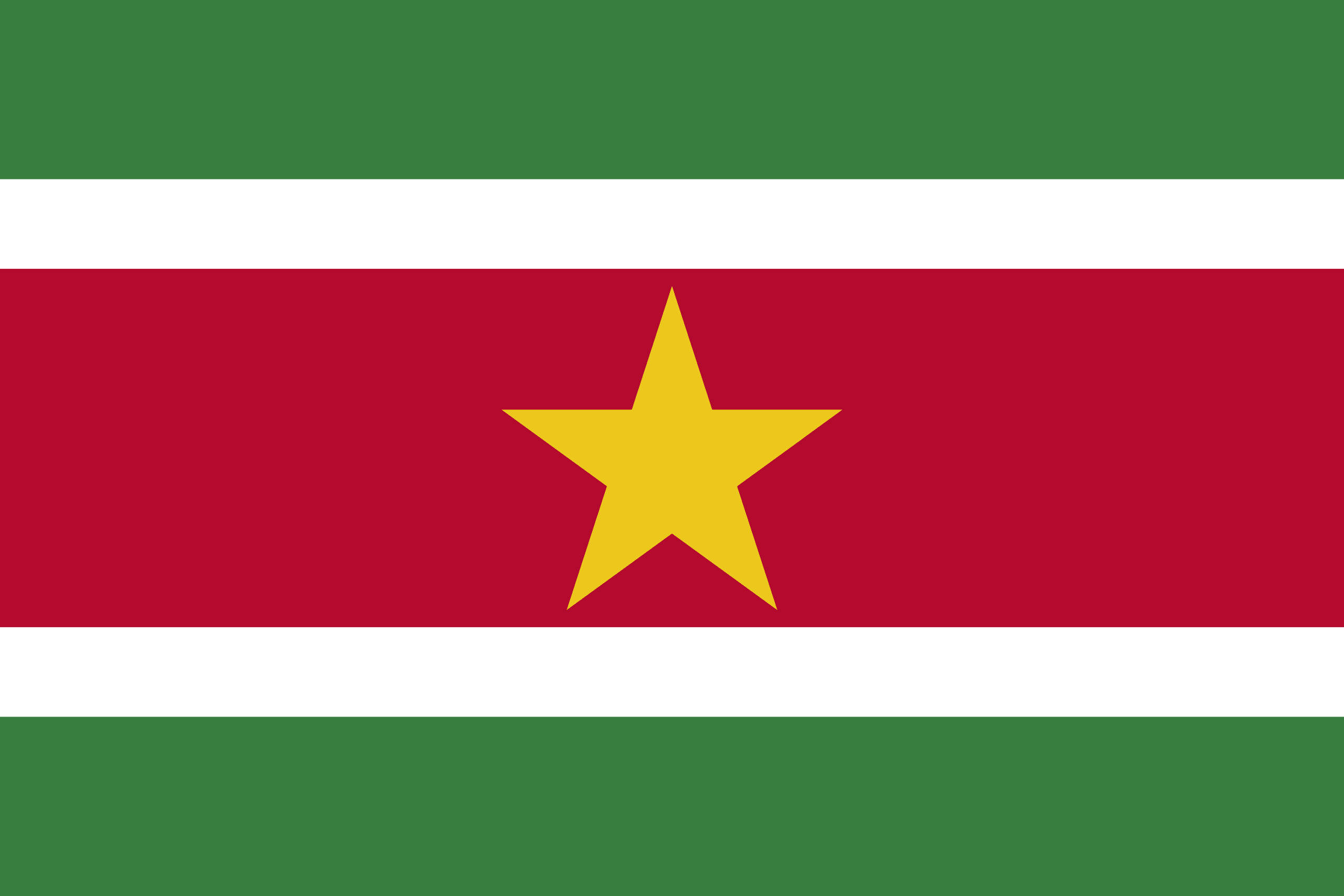Flag 桌布 壁紙 — 蘇利南國旗由水平綠色、白色、紅色、白色、綠色條紋組成，中央有一顆黃色五角星。