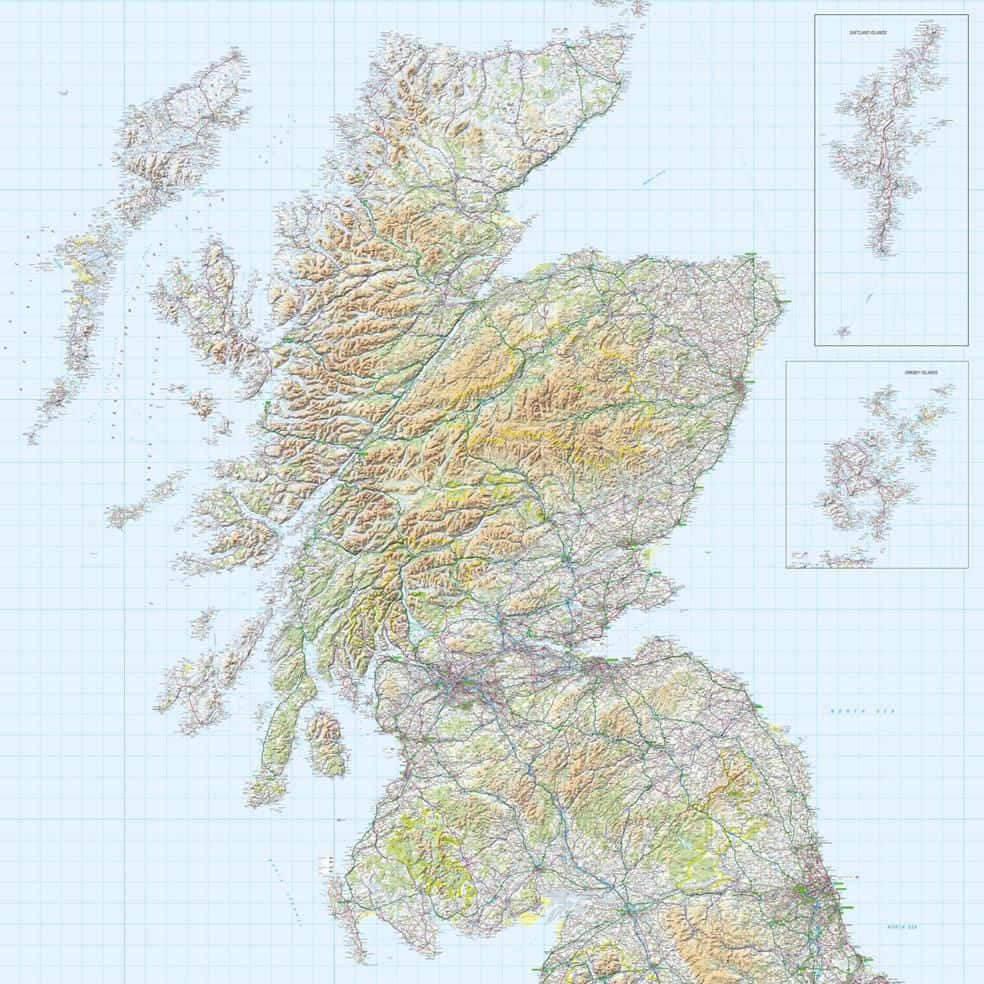 Map 桌布 壁紙 — 蘇格蘭詳細地形圖，帶有顏色編碼的地形以及奧克尼群島和設得蘭群島的插圖。