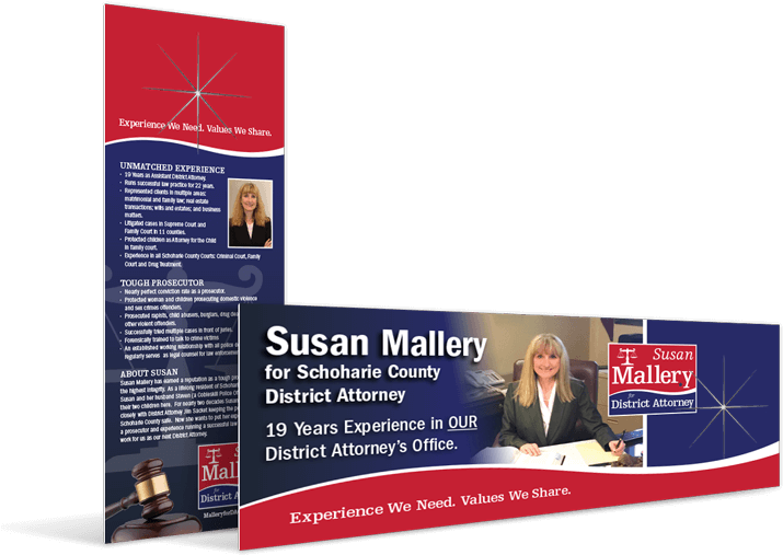 政治 桌布 壁紙 — 蘇珊·馬拉里（Susan Mallery）地方檢察官的政治競選手冊，包含她的照片、資格證明和口號，背景為紅、藍、白色。