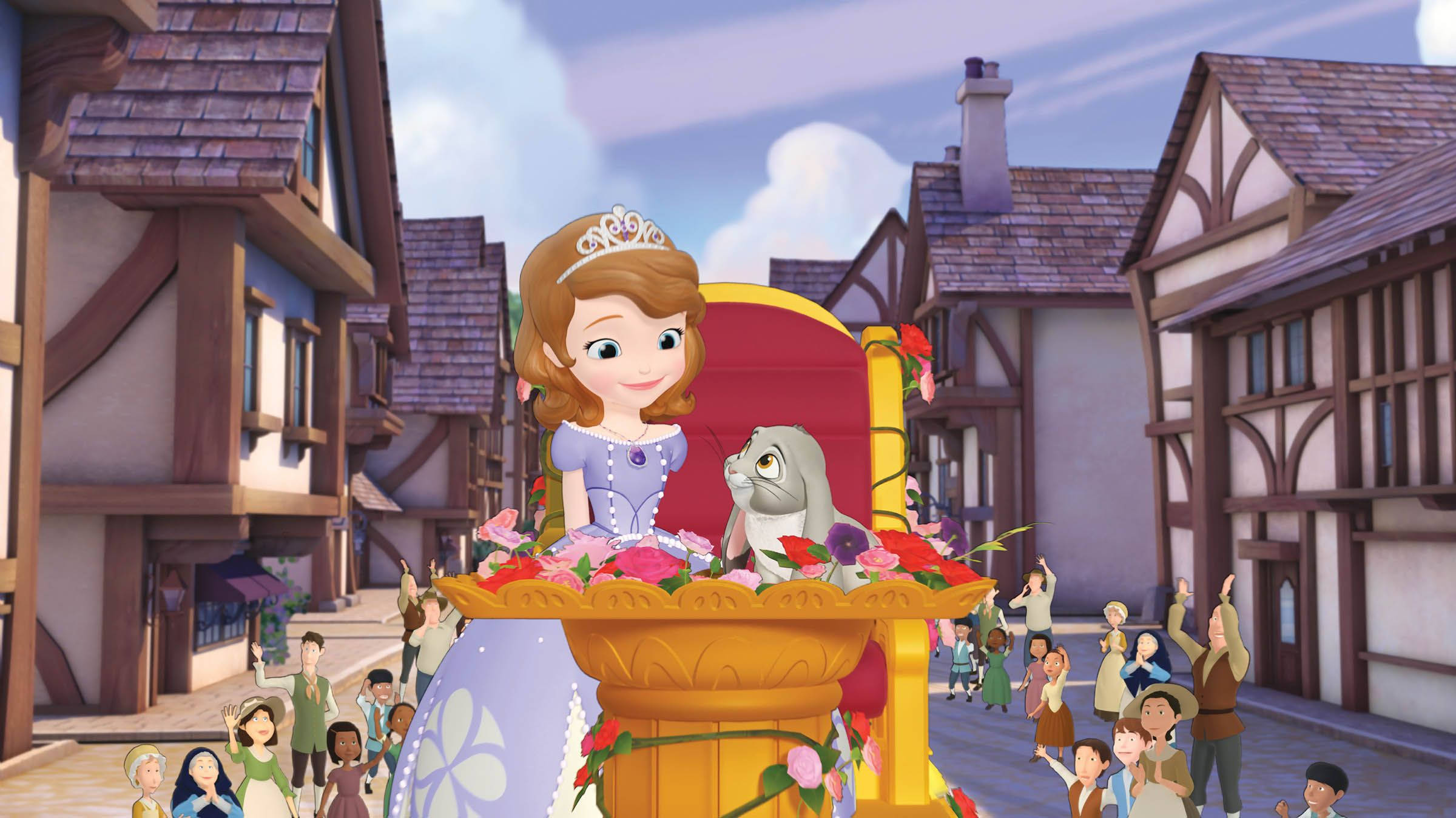 Princess 桌布 壁紙 — 蘇菲亞公主端坐在中世紀小鎮廣場的花卉寶座上，村民們歡呼揮手。