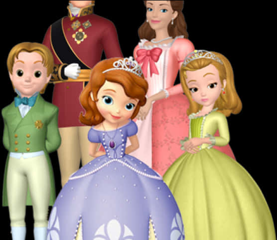 Sofia The First 桌布 壁紙 — 蘇菲亞公主與她的皇室朋友們穿著色彩繽紛的禮服和正式服裝，一起站在黑色背景前。