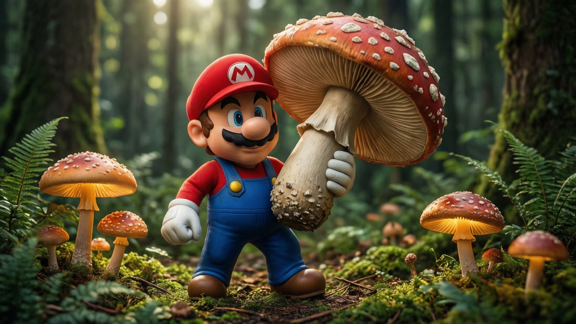 蘑菇王國豐收季 壁紙 — 瑪利歐站在陽光照耀的森林中，手持一個巨大的紅色蘑菇，周圍環繞著發光的真菌和蕨類植物。