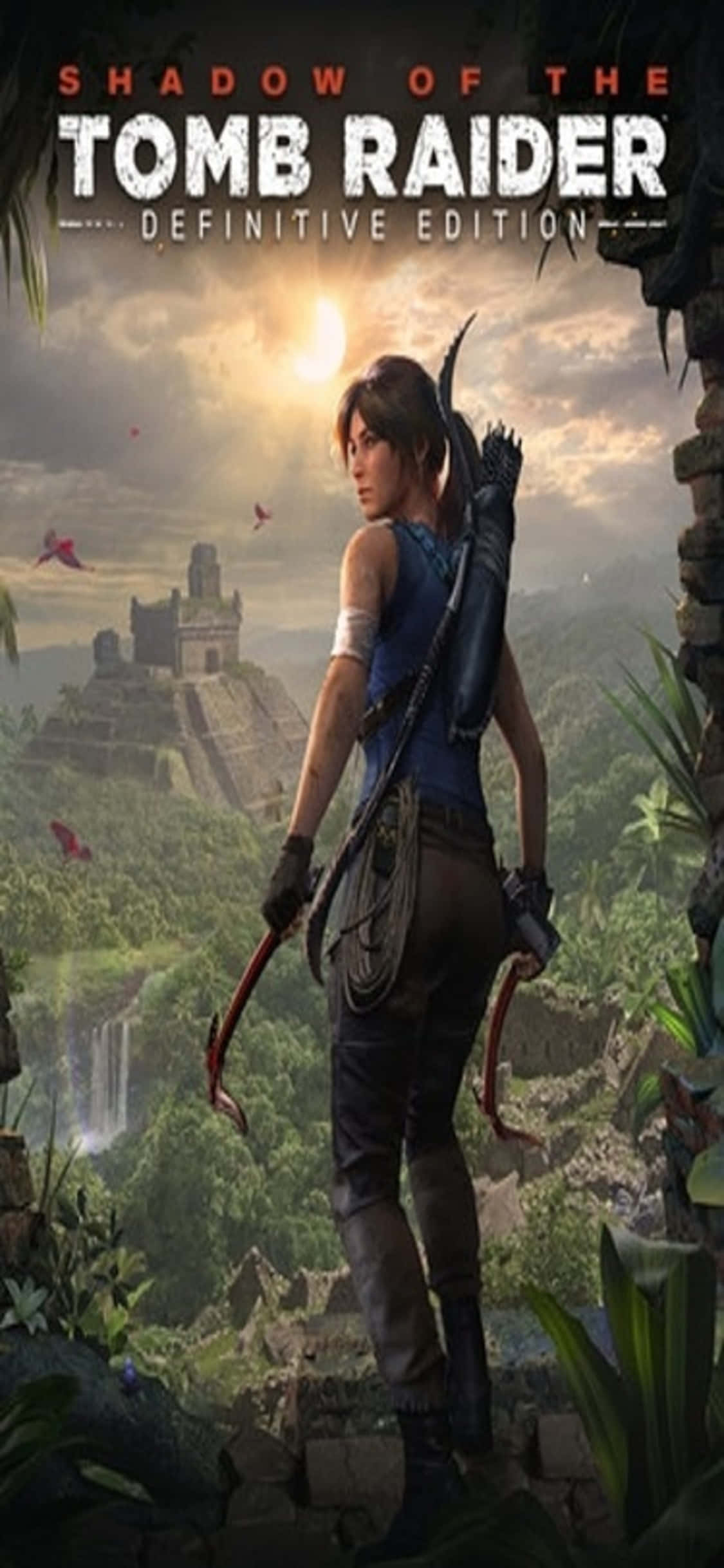 iPhone X Shadow Of The Tomb Raider 桌布 壁紙 — 蘿拉·卡芙特站在古老遺跡上，俯瞰著茂密的叢林，遠處的寺廟和瀑布沐浴在金色的日落光芒中。