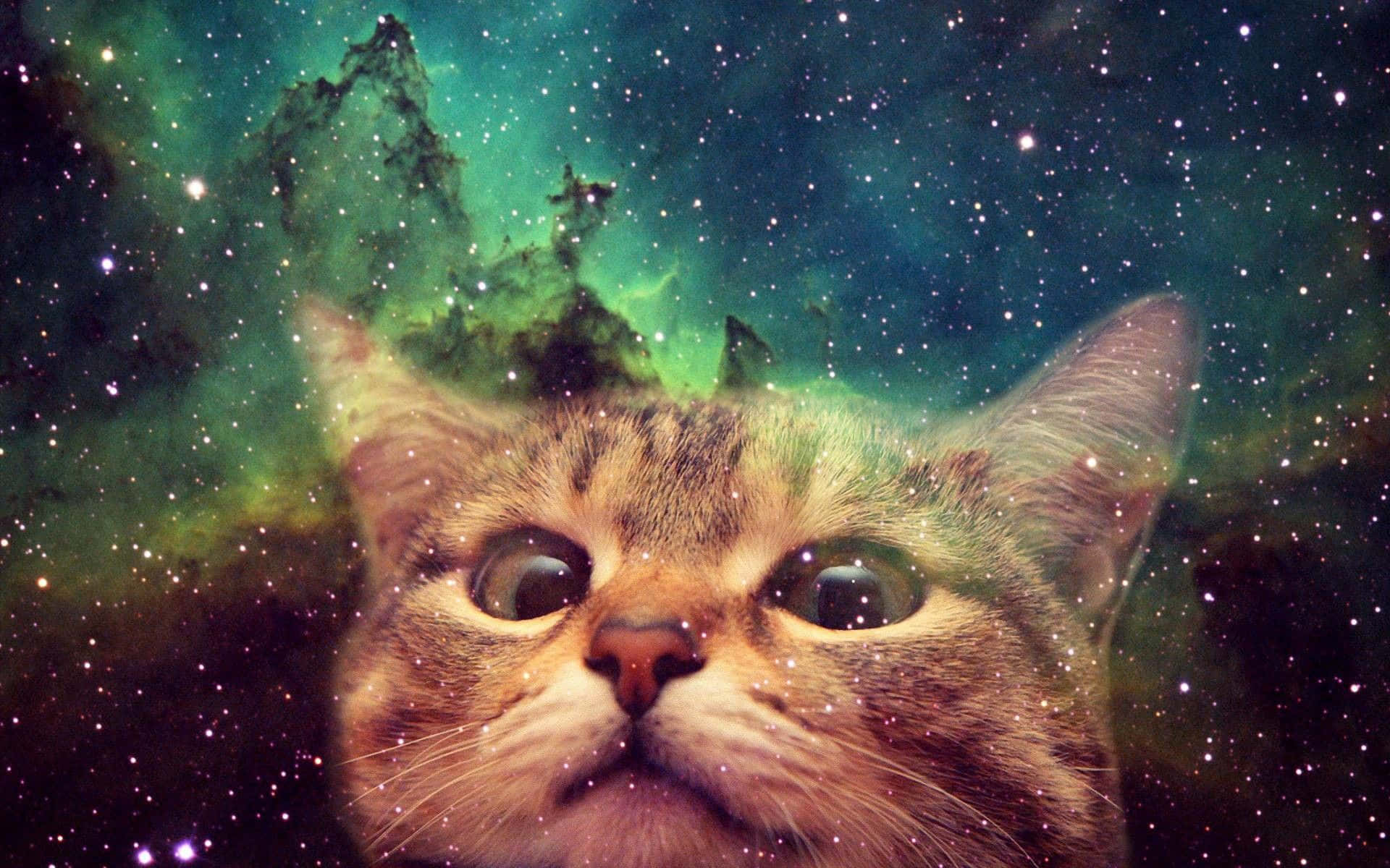 Cute Cat 桌布 壁紙 — 虎斑貓的臉與充滿活力的綠色星雲和星場融合，創造出宇宙貓咪肖像。