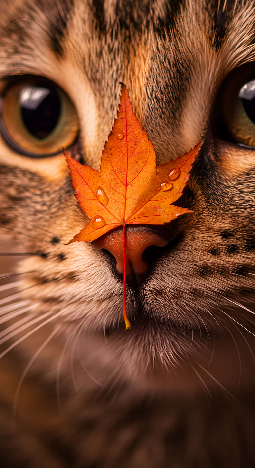 Autumn Kitty Nose 壁紙 — 虎斑貓臉部特寫，一片鮮豔的橙色楓葉放在牠濕潤的鼻子上。