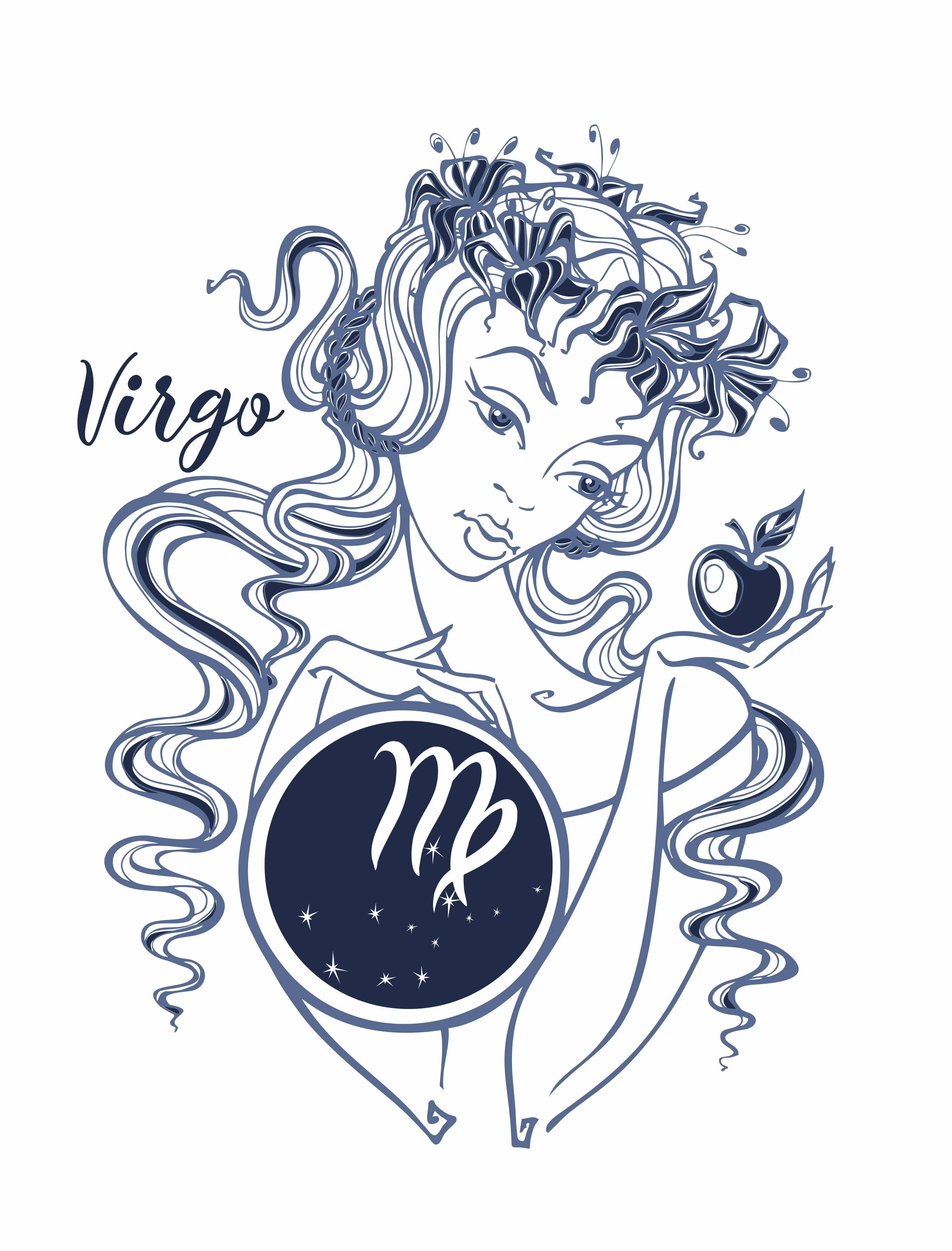 zodiac 桌布 壁紙 — 處女座星座的風格化藍色墨水插圖，一位少女手持蘋果和星形徽章。
