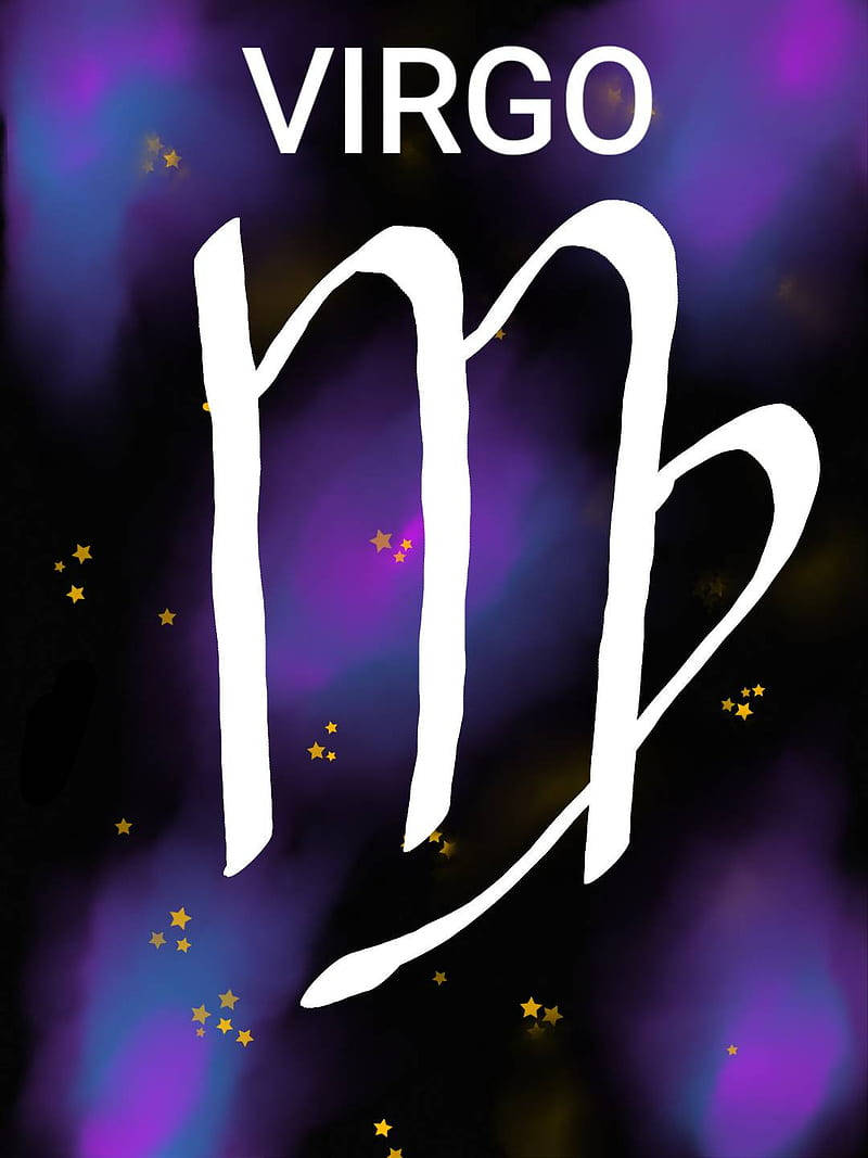 Virgo 桌布 壁紙 — 處女座星座符號以粗體白色字體漂浮在夢幻的紫色和藍色星空上。