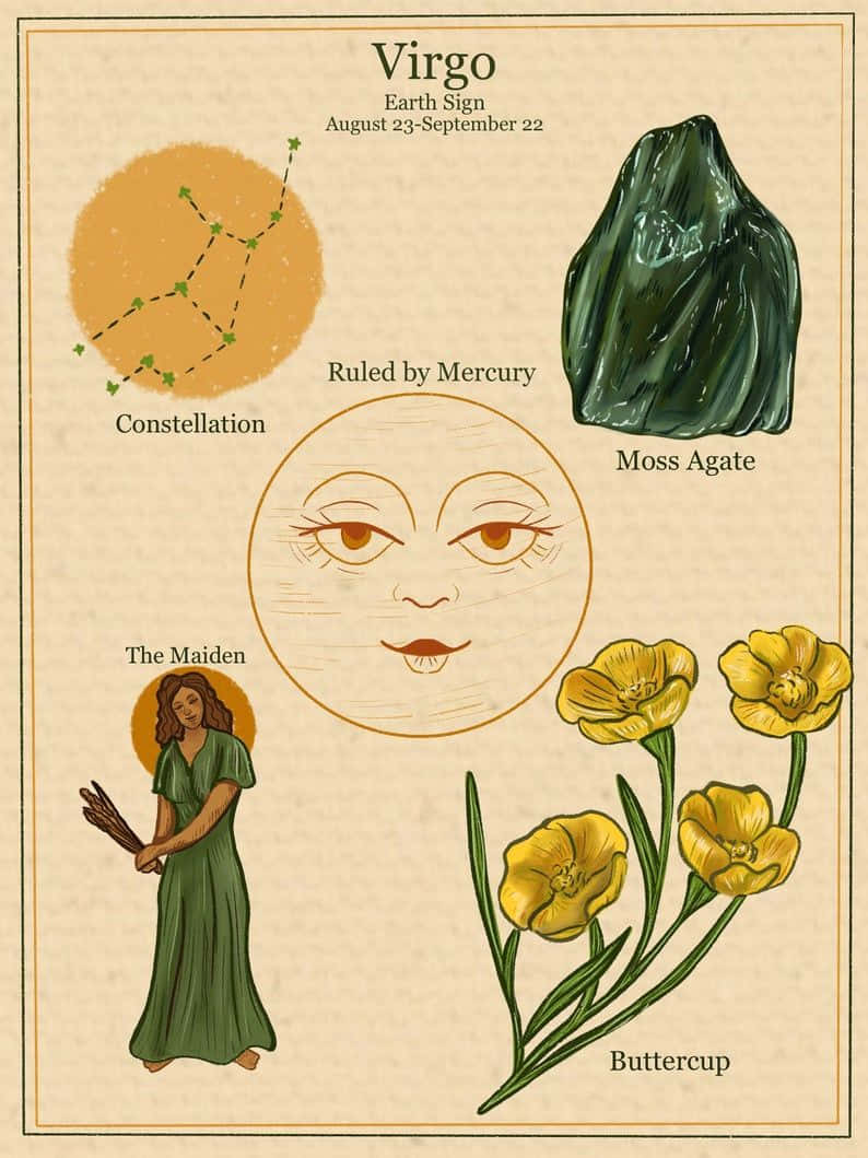 星座 桌布 壁紙 — 處女座的復古占星插圖，展示星座、苔蘚瑪瑙、毛茛和少女形象在羊皮紙背景上。