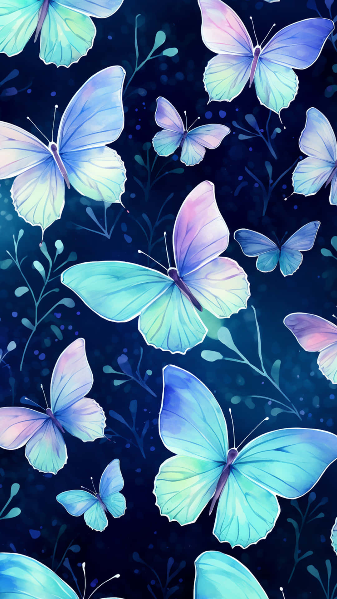 beautiful background  and colourful butterfly 壁紙 — 虹彩藍色和紫色蝴蝶在發光的樹葉間優雅地飛舞，背景是深海軍藍色。