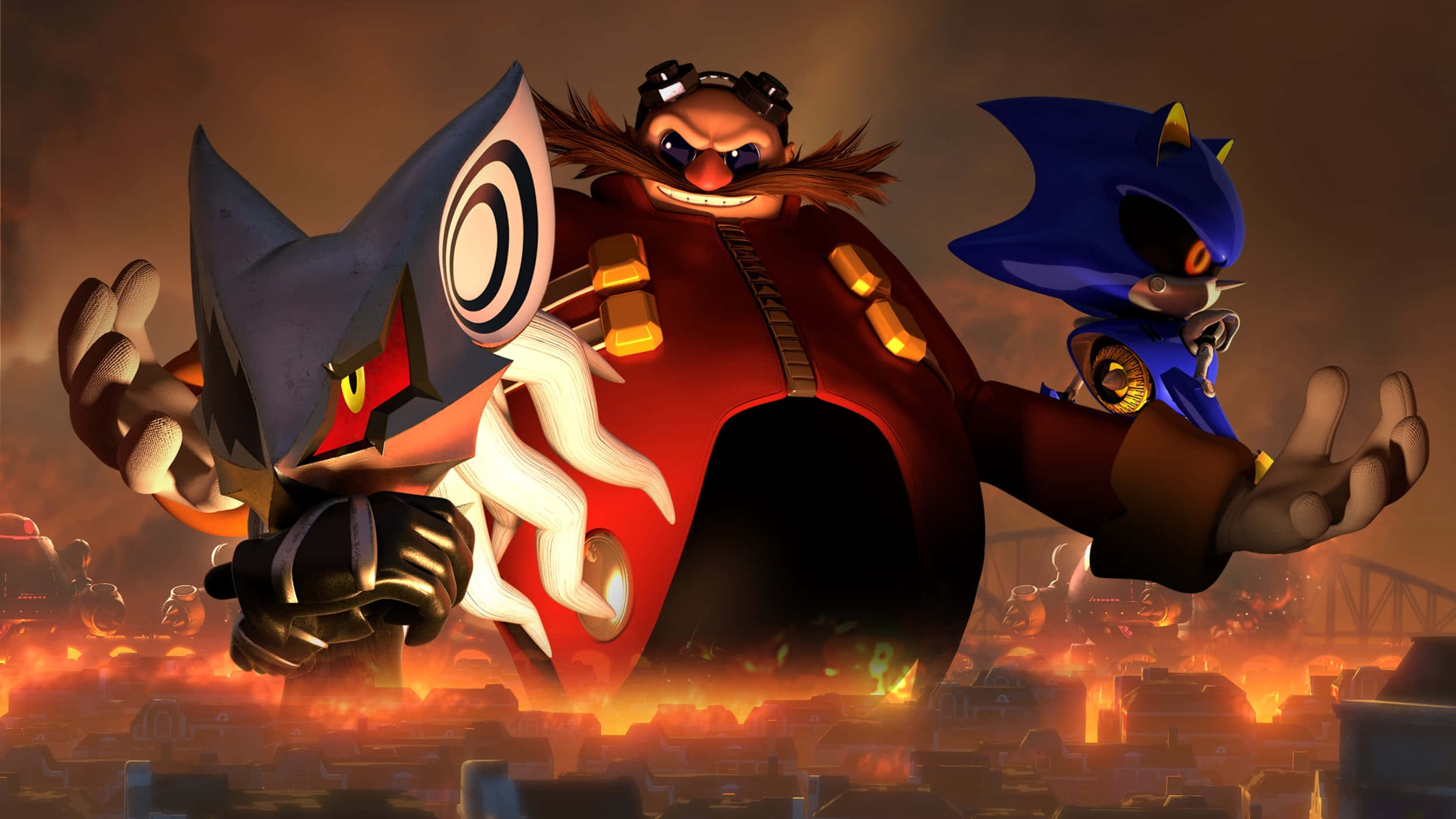 Sonic Characters 桌布 壁紙 — 蛋頭博士與索尼克和夏特在煙霧瀰漫的橙色天空下，威風凜凜地站在燃燒的城市廢墟中。