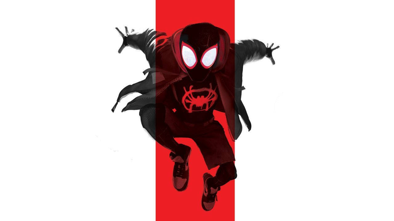 邁爾斯·莫拉雷斯 桌布 壁紙 — 蜘蛛人 Miles Morales 在鮮明的紅白背景上動態跳躍，形成大膽的圖形對比。