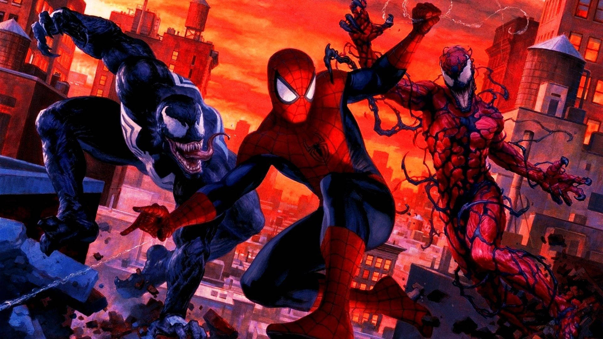 Venom Carnage 桌布 壁紙 — 蜘蛛人 猛毒與屠殺在血橙色日落下的火熱城市天際線中衝突。