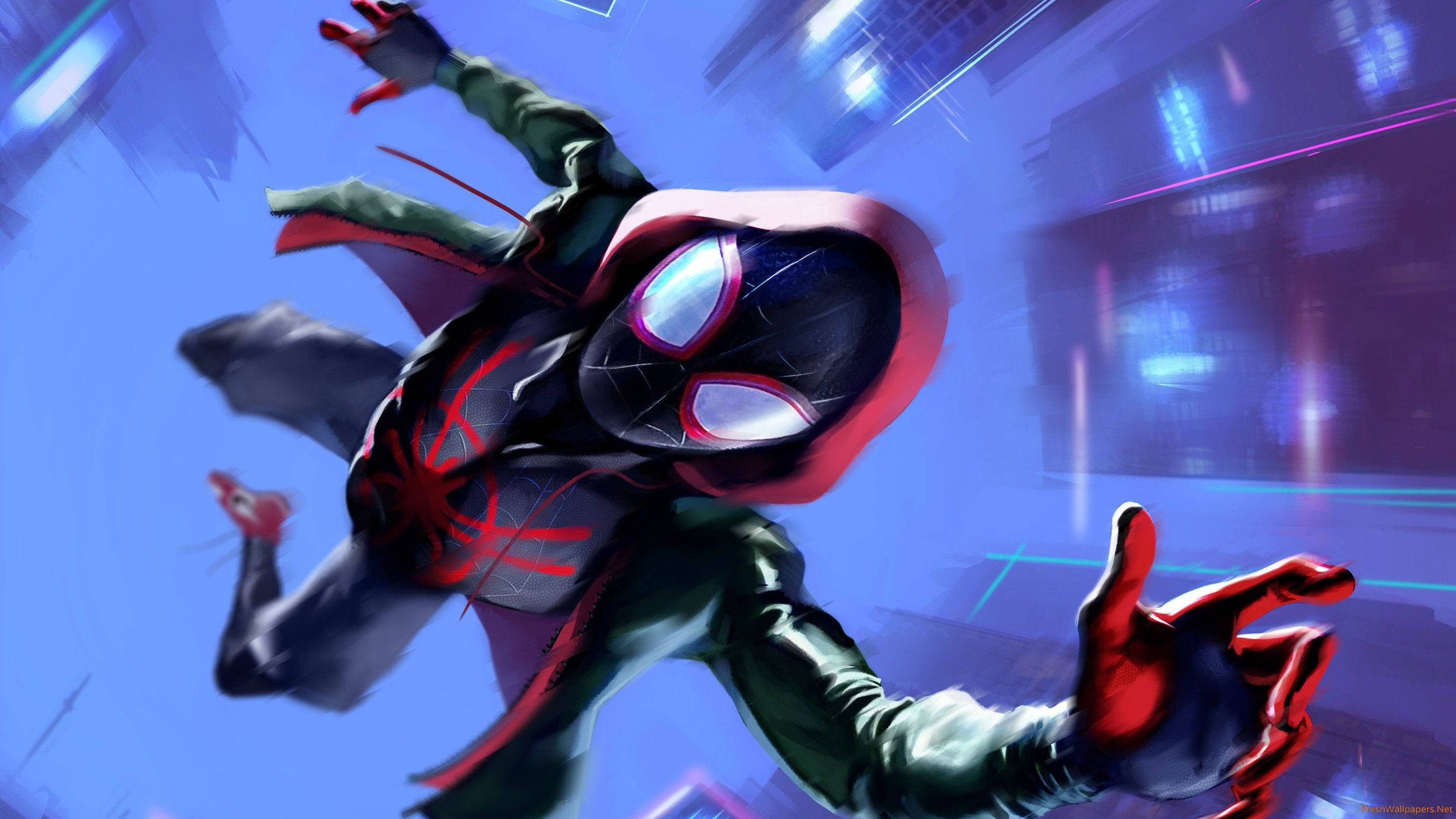 Spider Verse 桌布 壁紙 — 蜘蛛人 邁爾斯·摩拉斯在充滿藍色和紫色霓虹燈的未來城市景觀中動態擺盪。