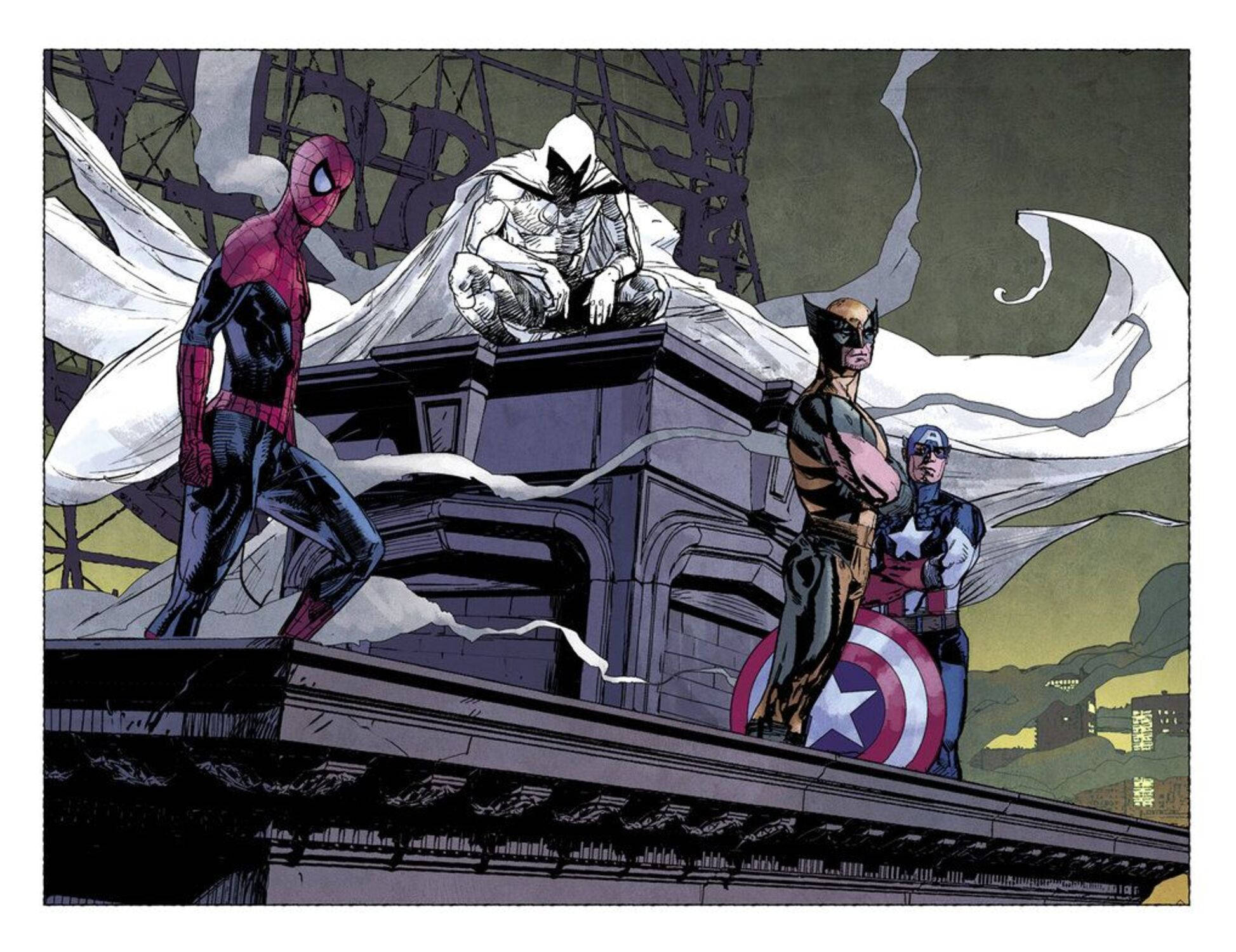 Moon Knight 桌布 壁紙 — 蜘蛛人、金鋼狼、美國隊長和一個戴兜帽的人物站在城市屋頂上，背景是粗糙的城市景觀。