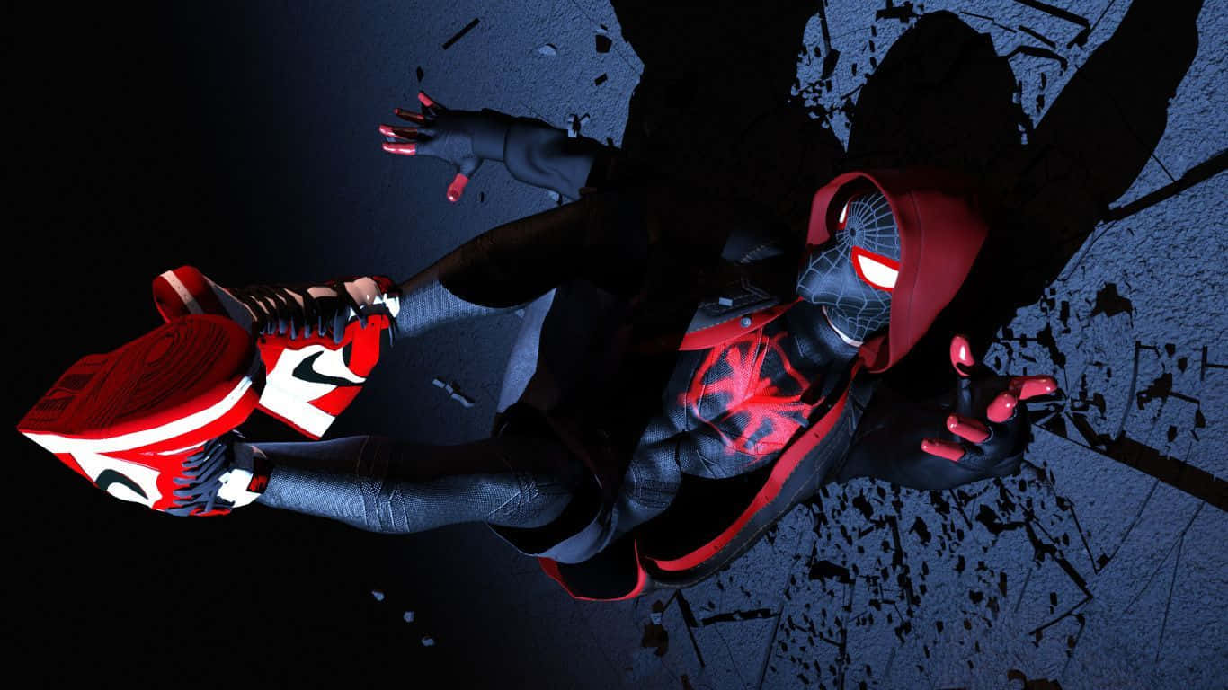 1366x768 Marvel 桌布 壁紙 — 蜘蛛人 麥爾斯·莫拉雷斯 身穿紅黑戰衣，在破碎的深藍色牆壁前動態擺盪，雙眼發出紅光。