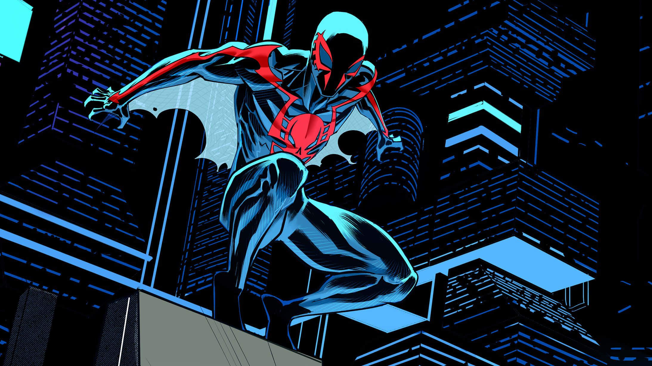 Spider Man 2099 桌布 壁紙 — 蜘蛛人 麥爾斯·莫拉雷斯在夜間動態地跳躍穿過霓虹燈照亮的天際線，帶有鮮明的藍色和紅色亮點。