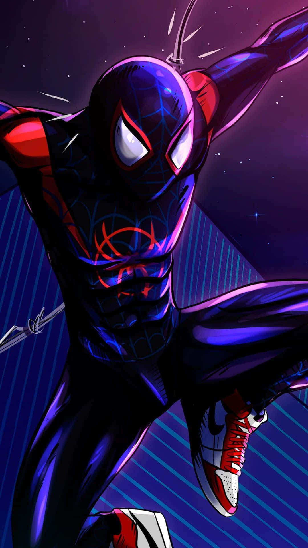 邁爾斯·莫拉雷斯 桌布 壁紙 — 蜘蛛人以動感姿態，襯托著星光閃爍的紫色夜空，帶有發光的藍色條紋。
