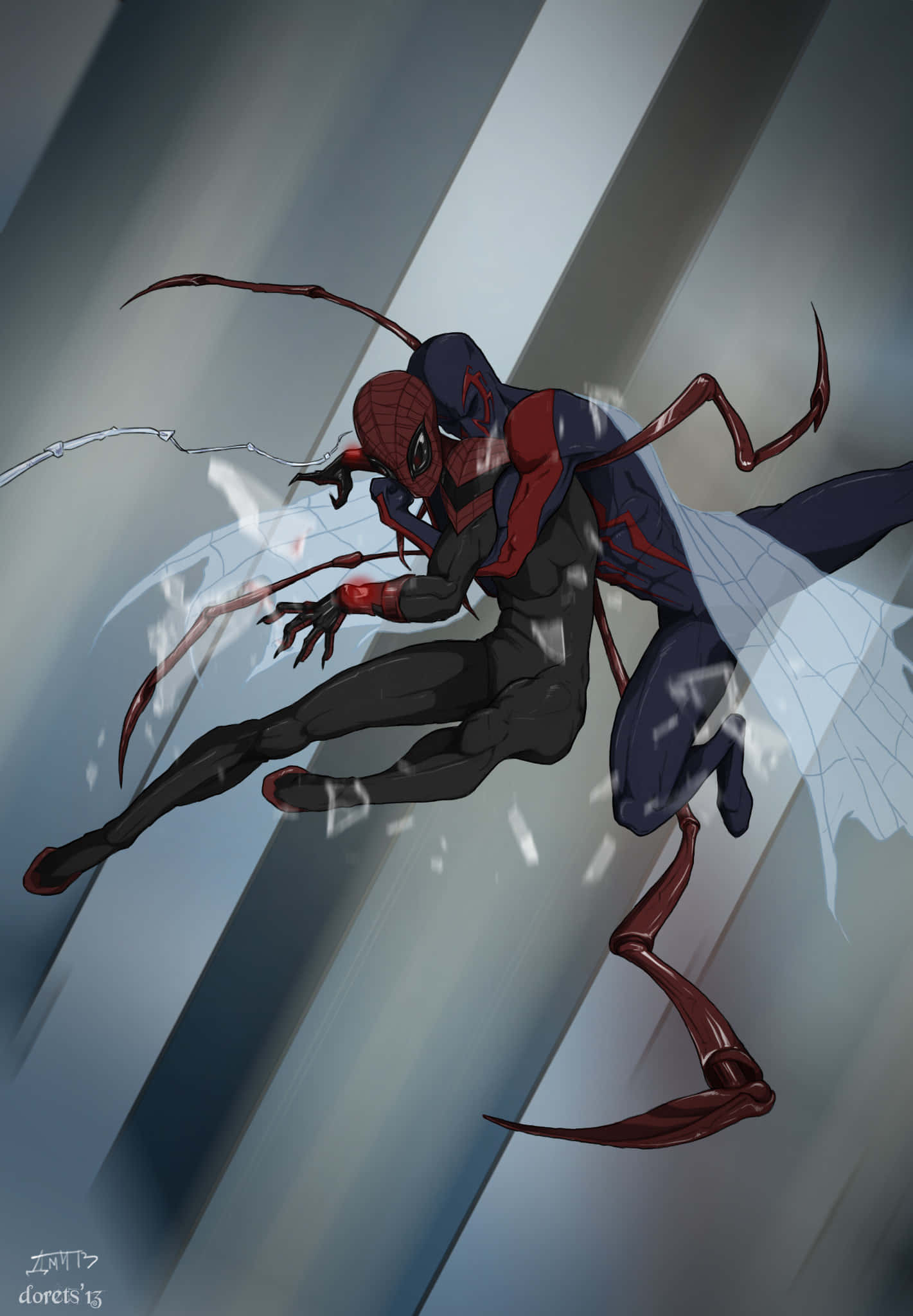 Superior Spider-man 桌布 壁紙 — 蜘蛛人以動感姿態展現，帶有昆蟲般的肢體和蛛網，背景為模糊的城市景觀。