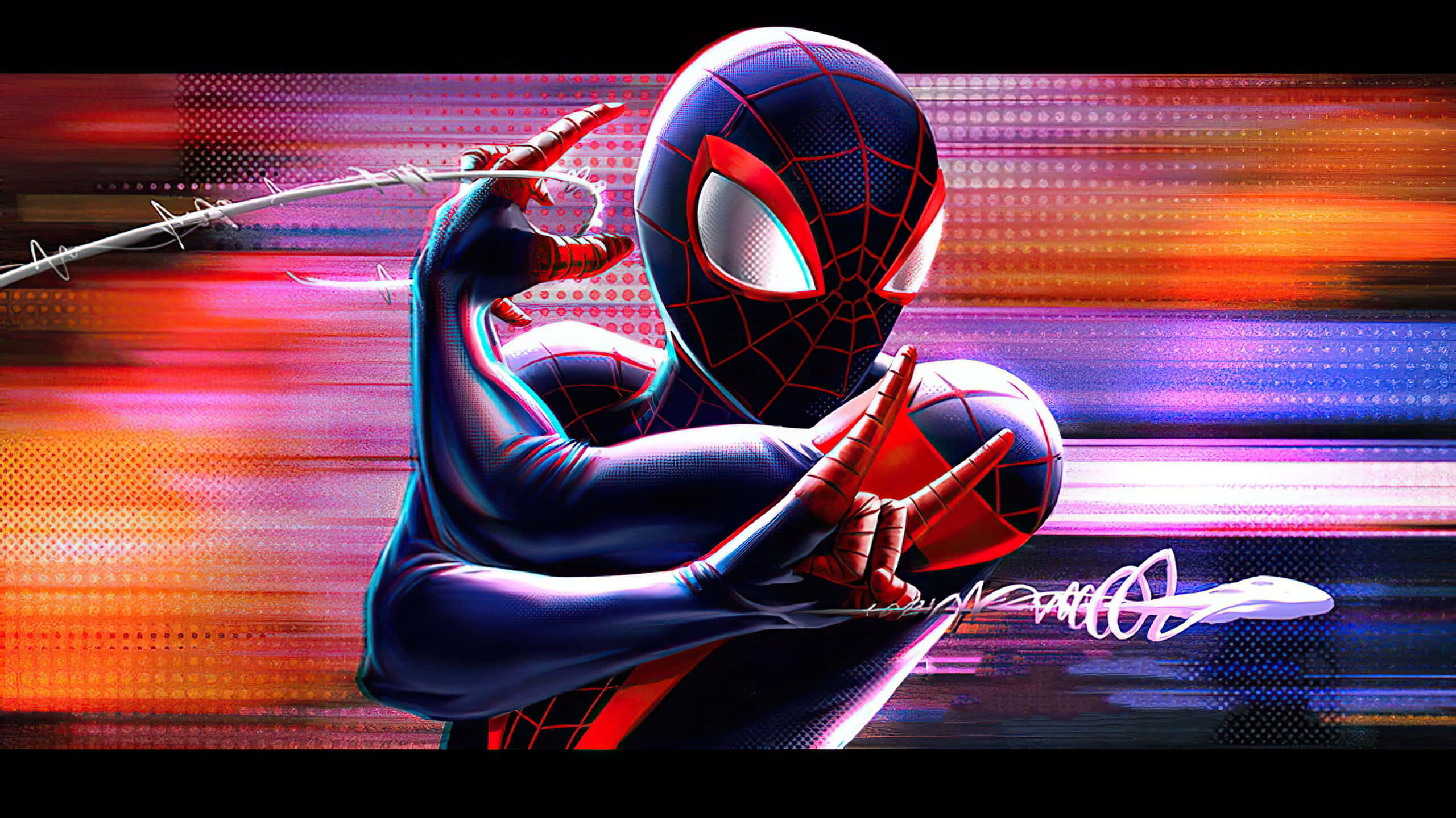 Spider-man Web Shooter 桌布 壁紙 — 蜘蛛人以動感姿態站在充滿霓虹色彩條紋和數位效果的鮮豔抽象背景前。