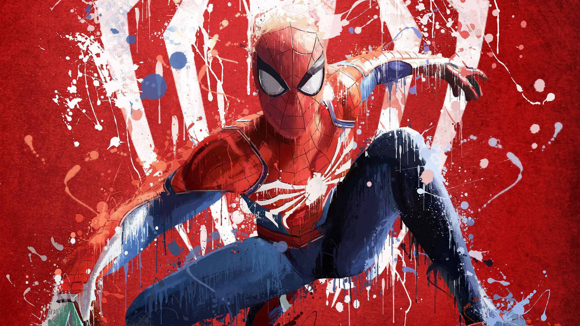 Spider Man 桌布 壁紙 — 蜘蛛人以動感姿態站在鮮紅色背景前，帶有醒目的白色和藍色油漆飛濺。