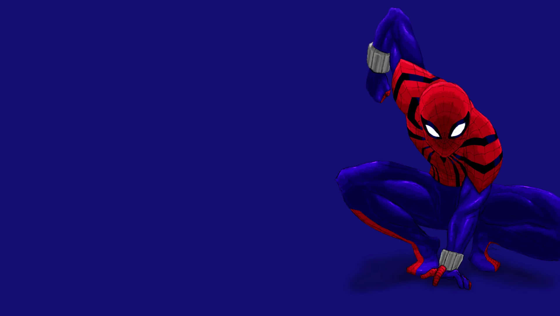 Spider-man Blue 桌布 壁紙 — 蜘蛛人以動態姿勢蹲在純深藍色背景上，眼睛發出白光。