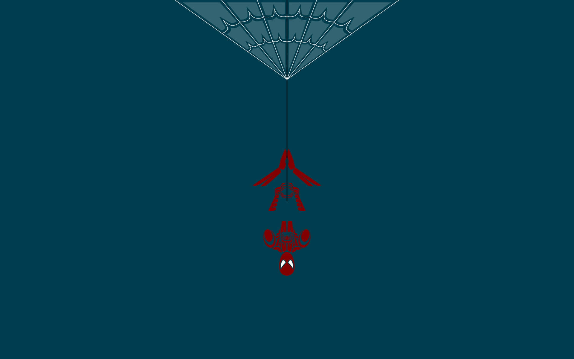 Spider-man Web Slinging 桌布 壁紙 — 蜘蛛人以極簡數位藝術風格，倒掛在深藍綠色背景的蜘蛛網上。