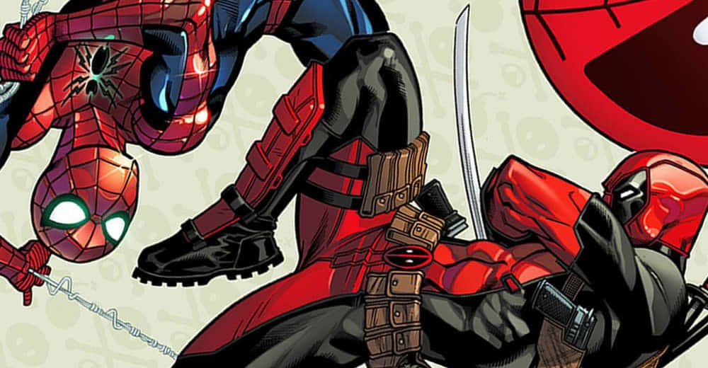Deadpool And Spiderman 桌布 壁紙 — 蜘蛛人以漫畫風格動態地擺盪越過手持劍向前衝的死侍。