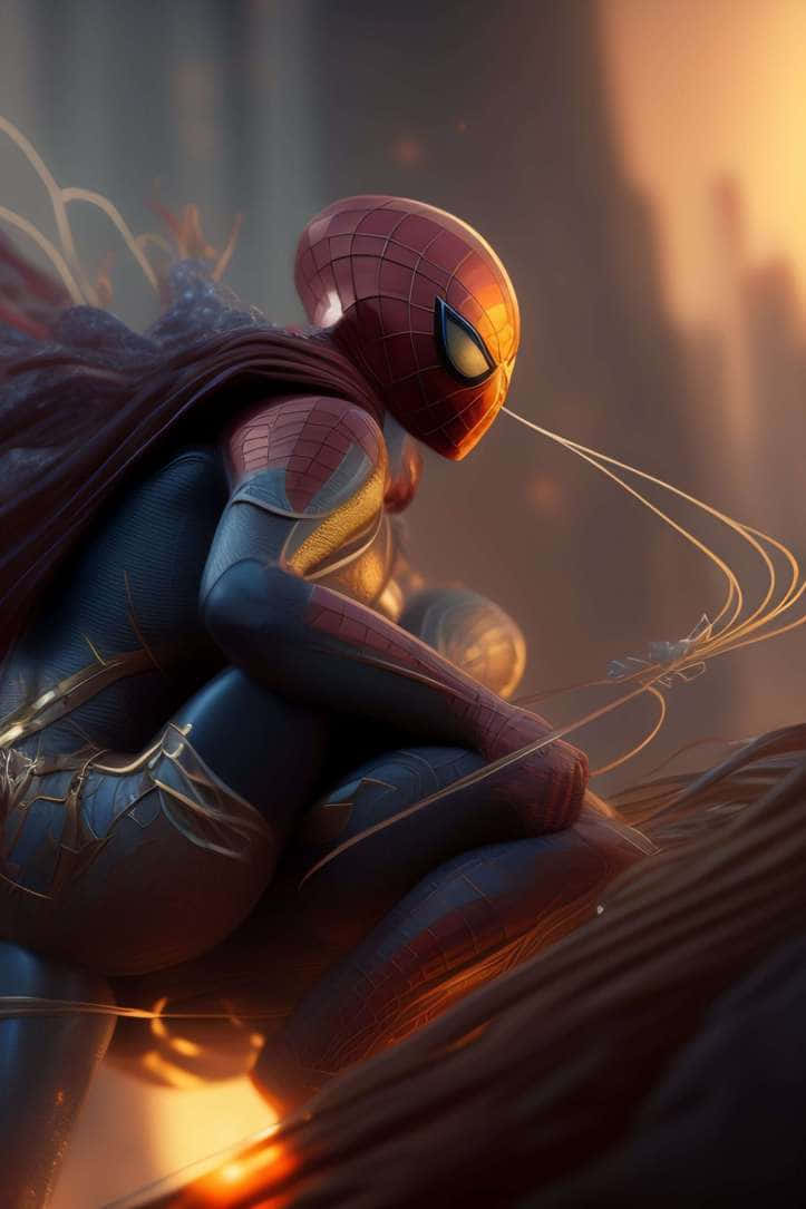 Web-slinging 桌布 壁紙 — 蜘蛛人以英雄姿勢蹲下，背景是閃耀的日落，動態的蜘蛛絲在他周圍盤旋。