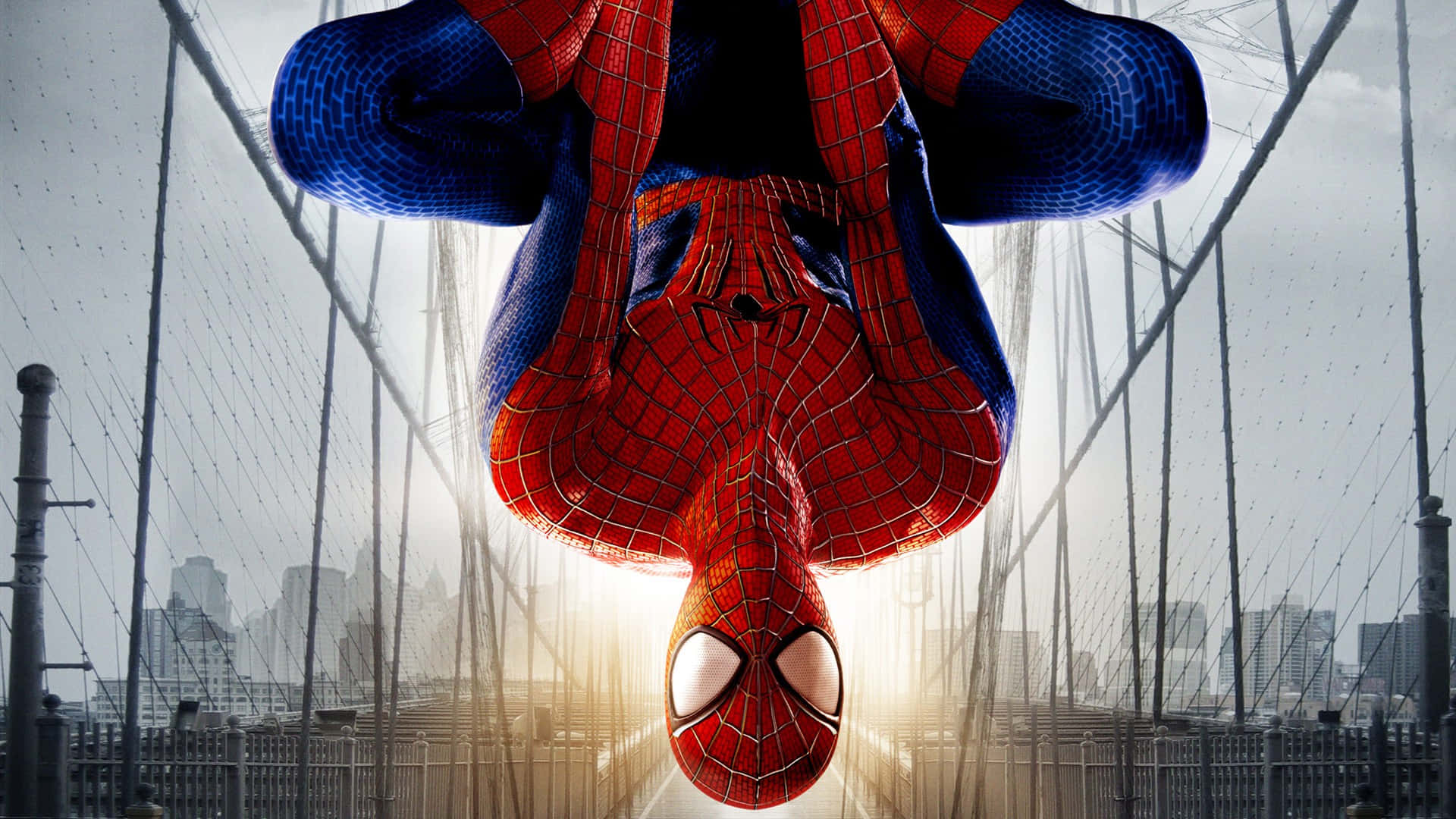 Web-slinging 桌布 壁紙 — 蜘蛛人倒掛在橋樑纜索上，背景是朦朧的城市天際線和金色逆光。